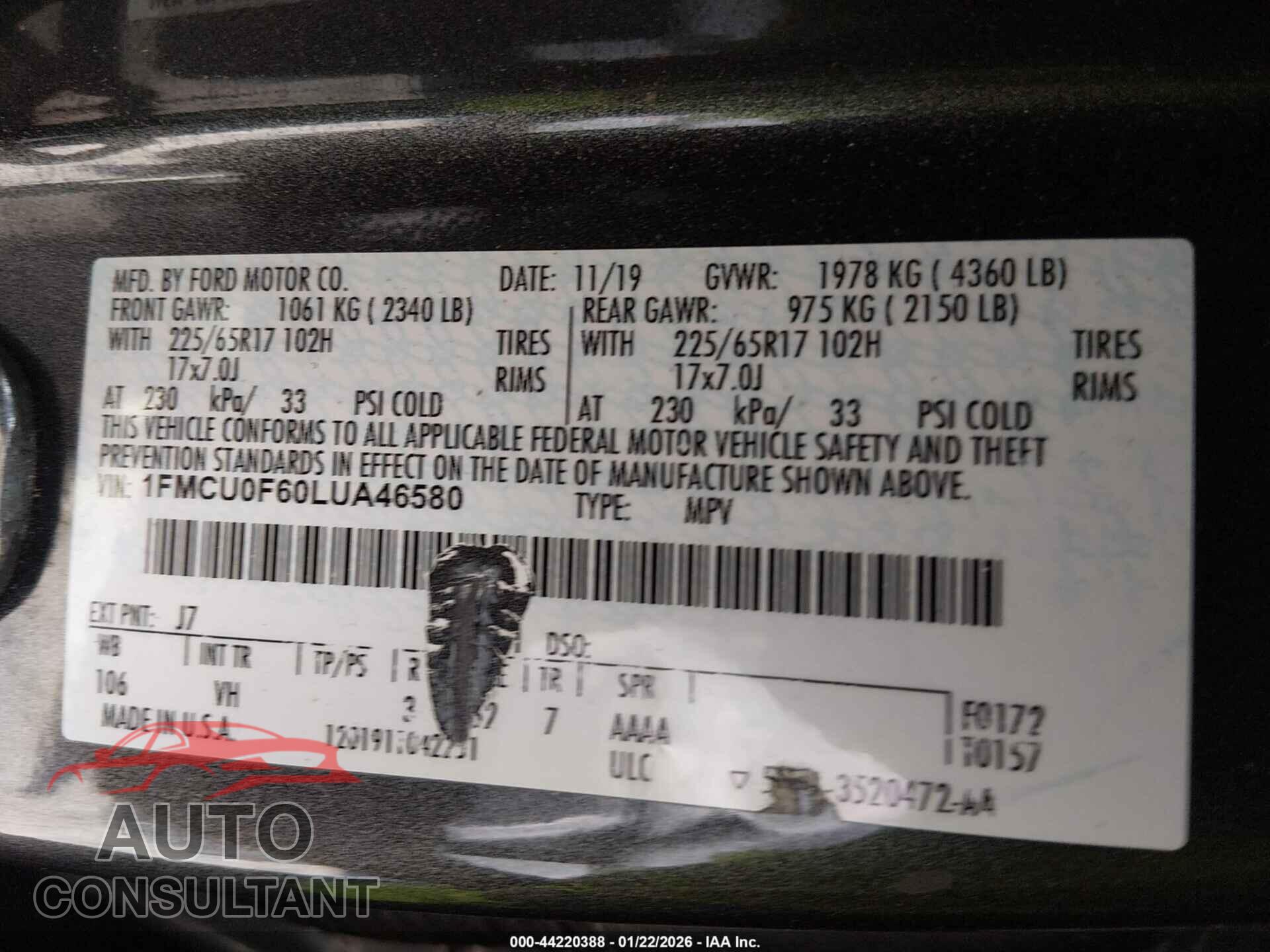 FORD ESCAPE 2020 - 1FMCU0F60LUA46580