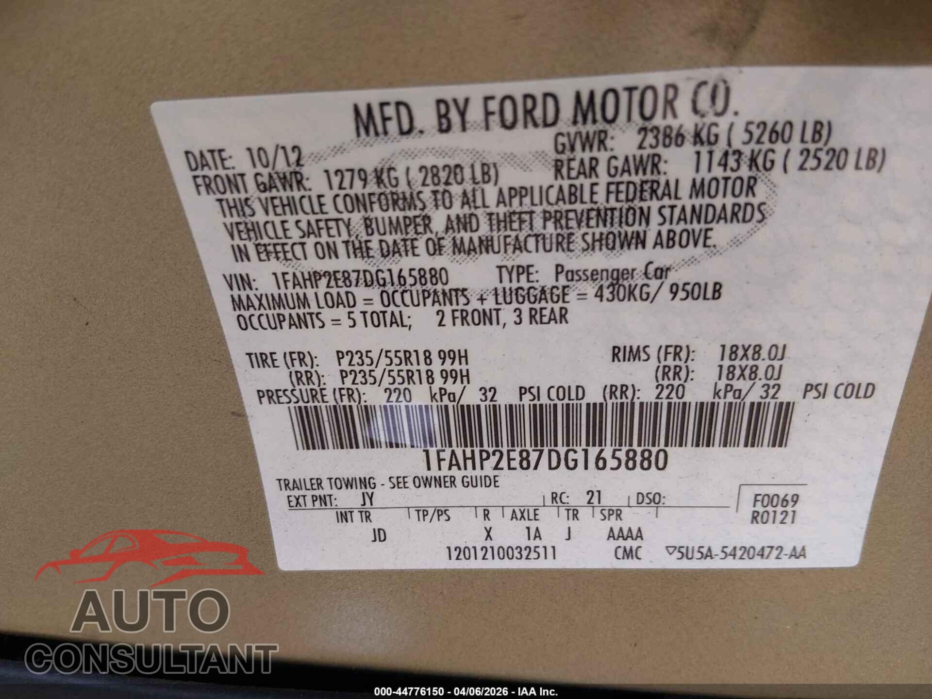 FORD TAURUS 2013 - 1FAHP2E87DG165880