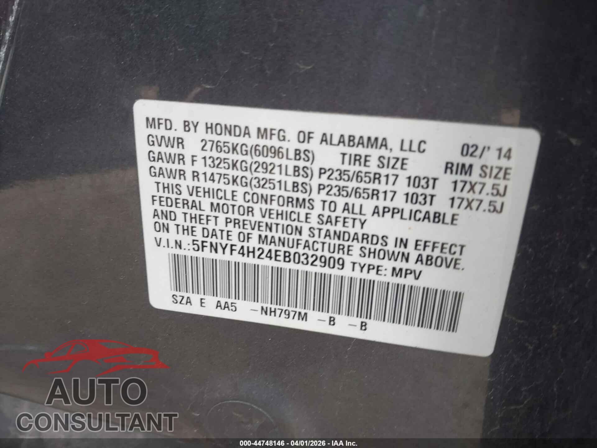 HONDA PILOT 2014 - 5FNYF4H24EB032909