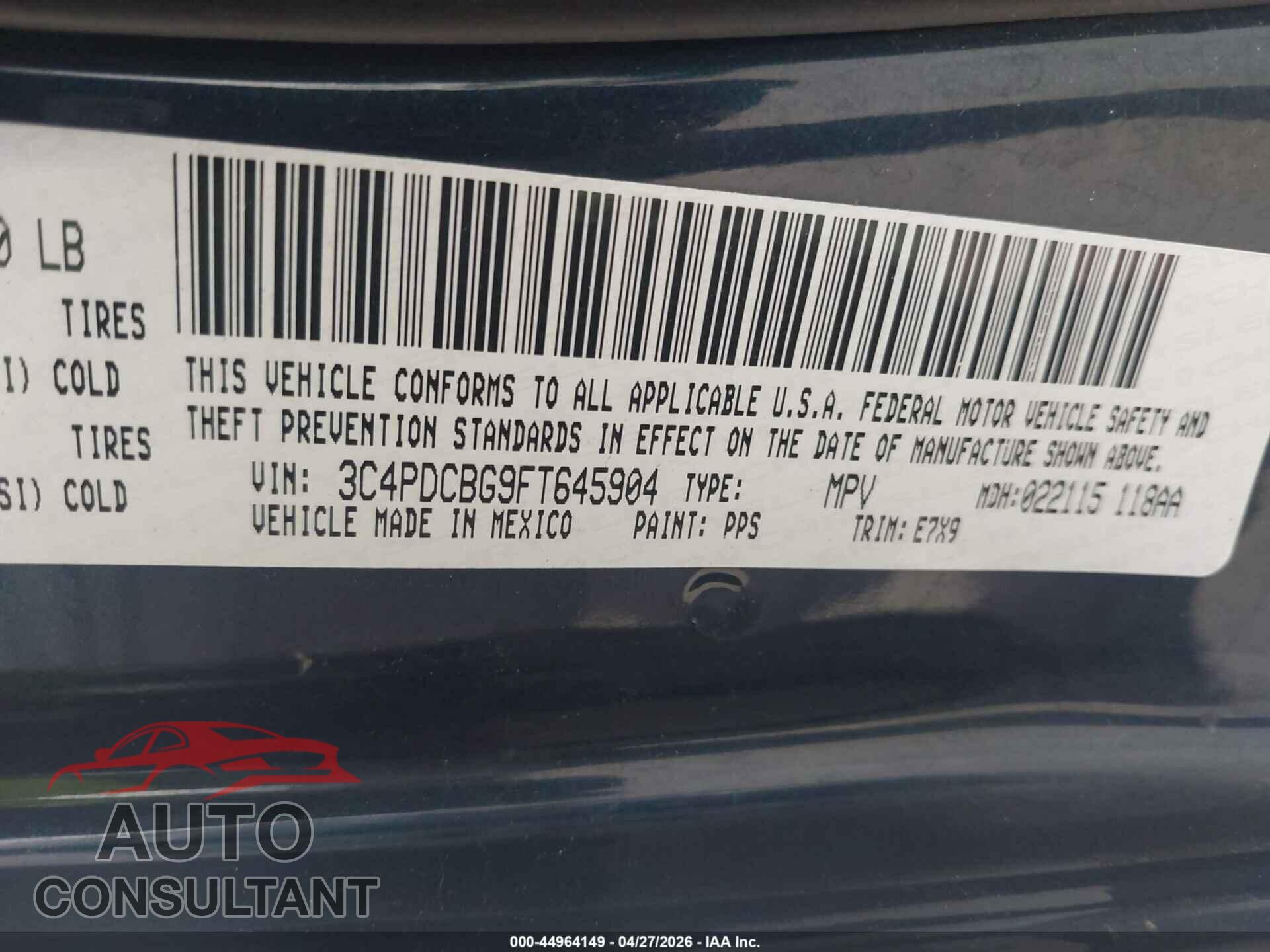 DODGE JOURNEY 2015 - 3C4PDCBG9FT645904