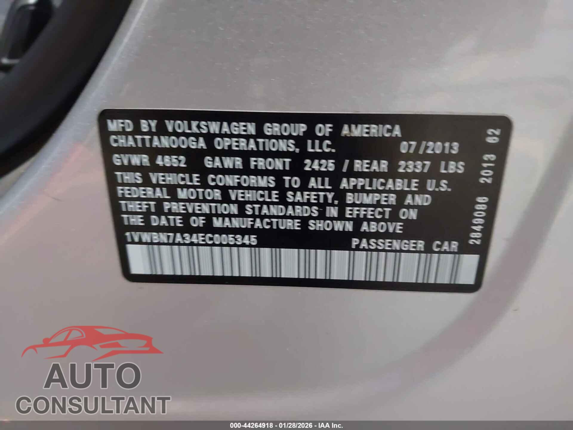 VOLKSWAGEN PASSAT 2014 - 1VWBN7A34EC005345