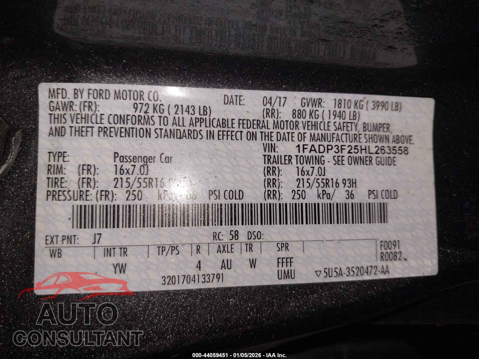 FORD FOCUS 2017 - 1FADP3F25HL263558