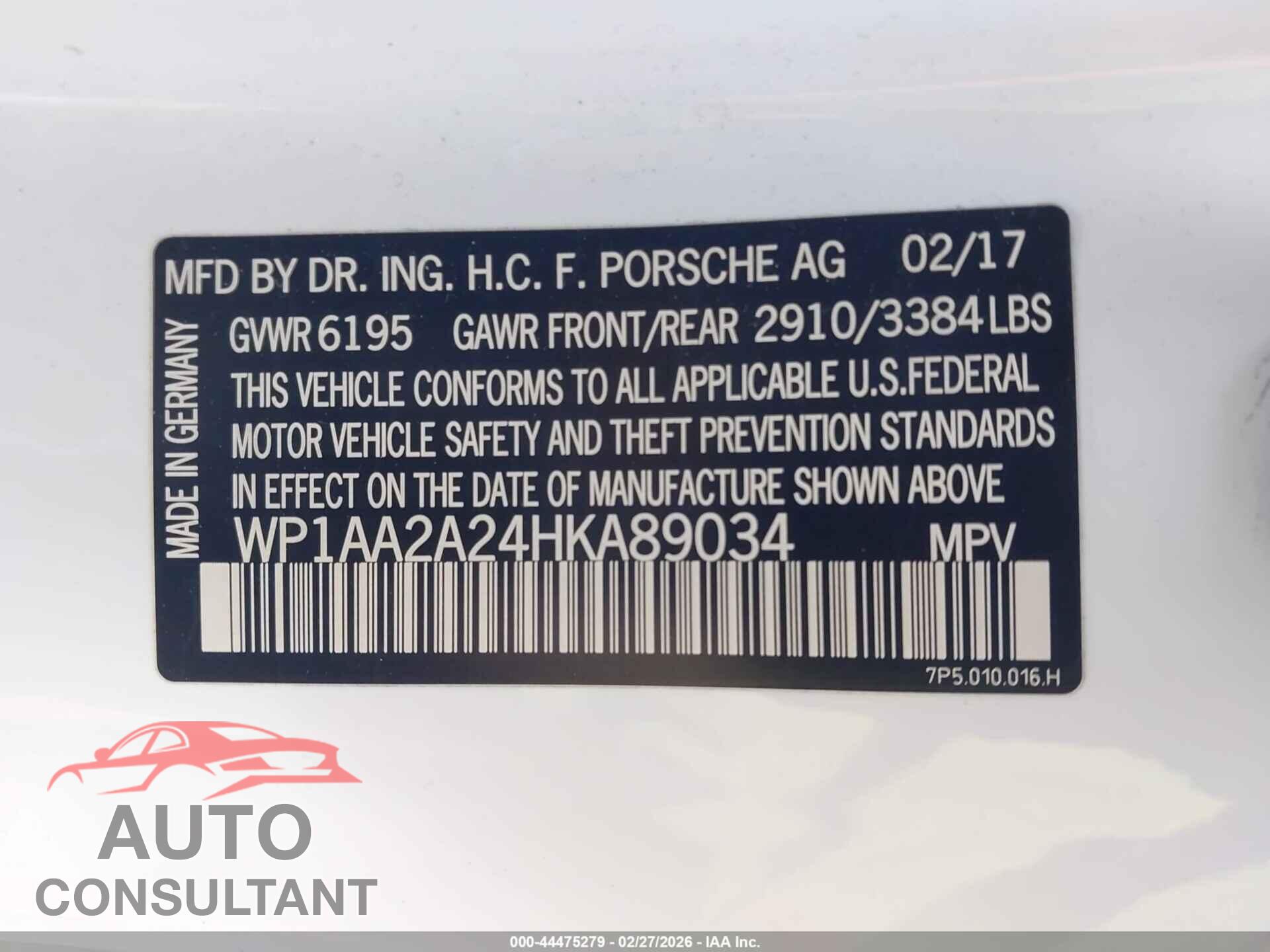PORSCHE CAYENNE 2017 - WP1AA2A24HKA89034
