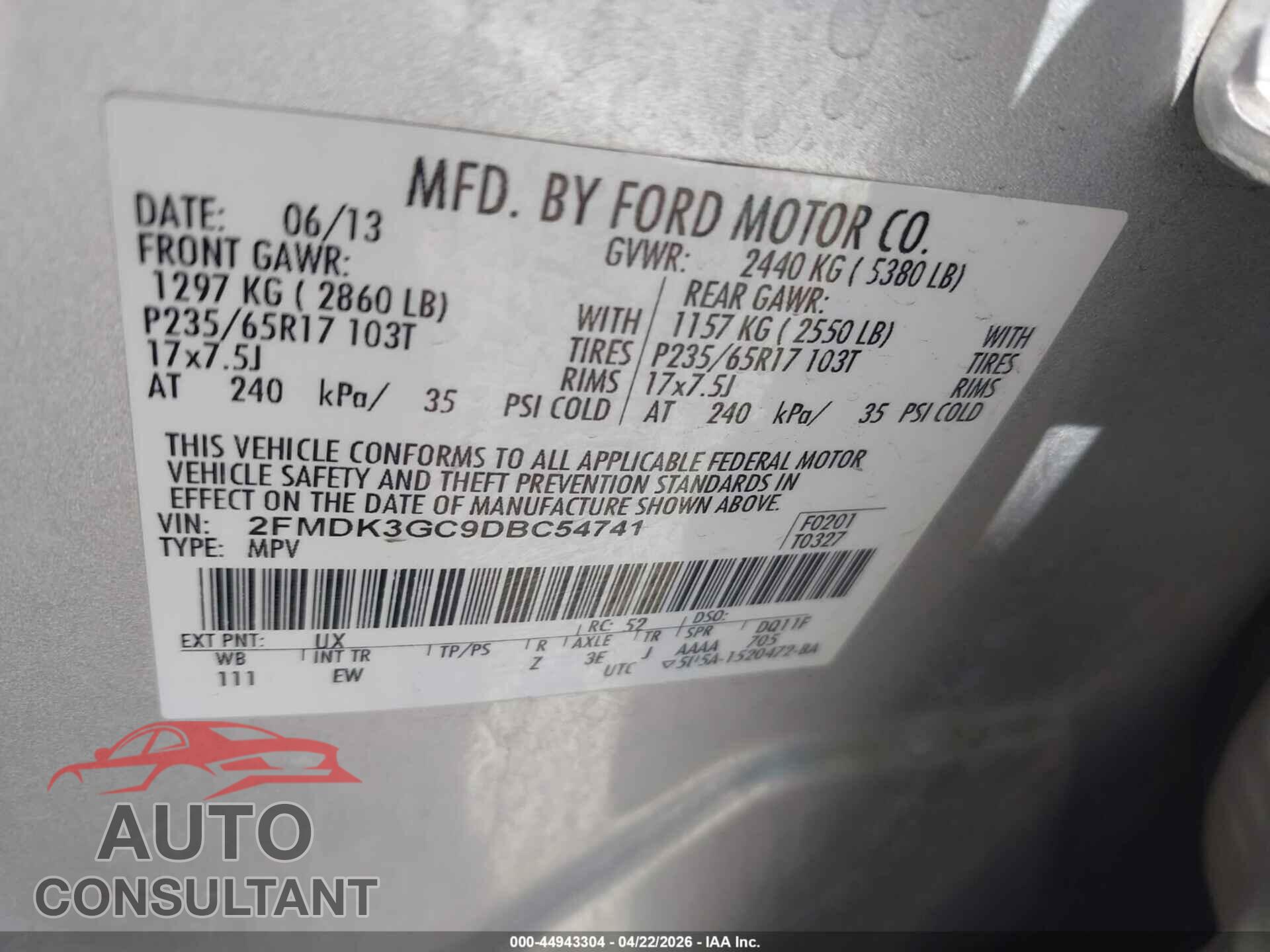 FORD EDGE 2013 - 2FMDK3GC9DBC54741