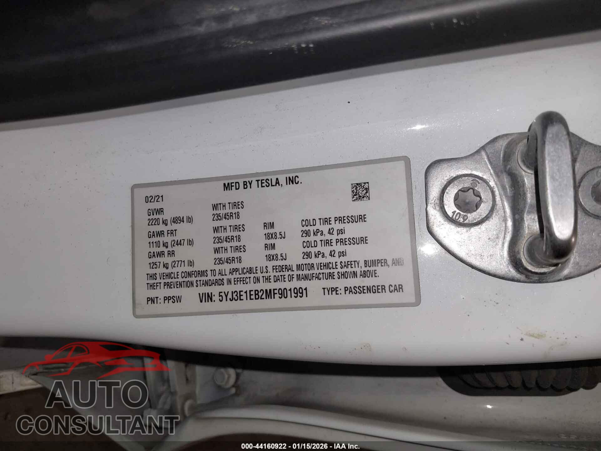 TESLA MODEL 3 2021 - 5YJ3E1EB2MF901991
