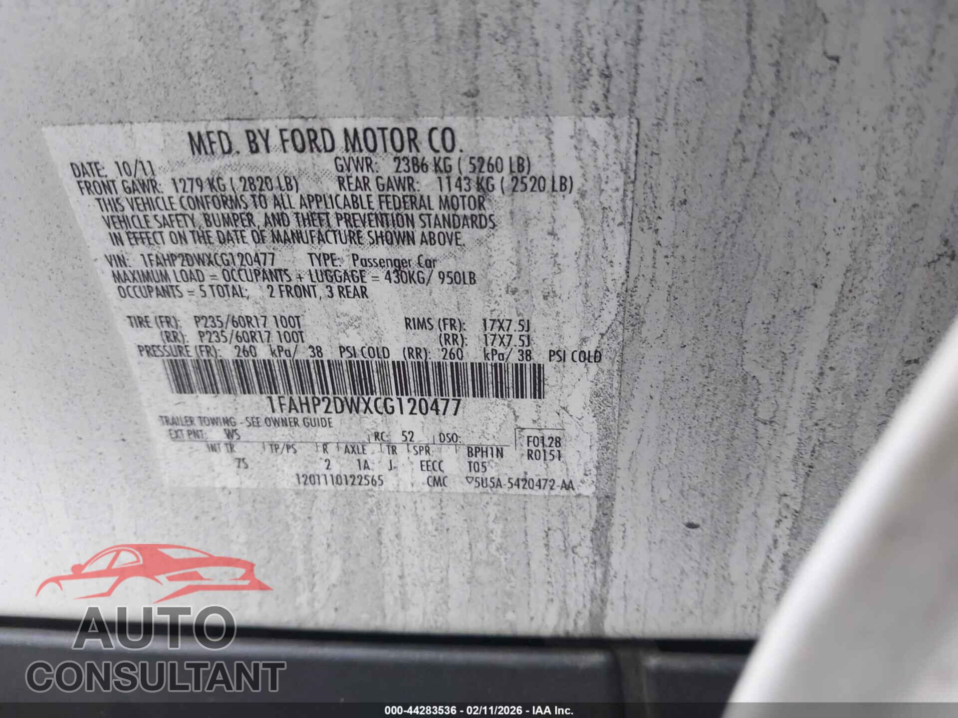 FORD TAURUS 2012 - 1FAHP2DWXCG120477