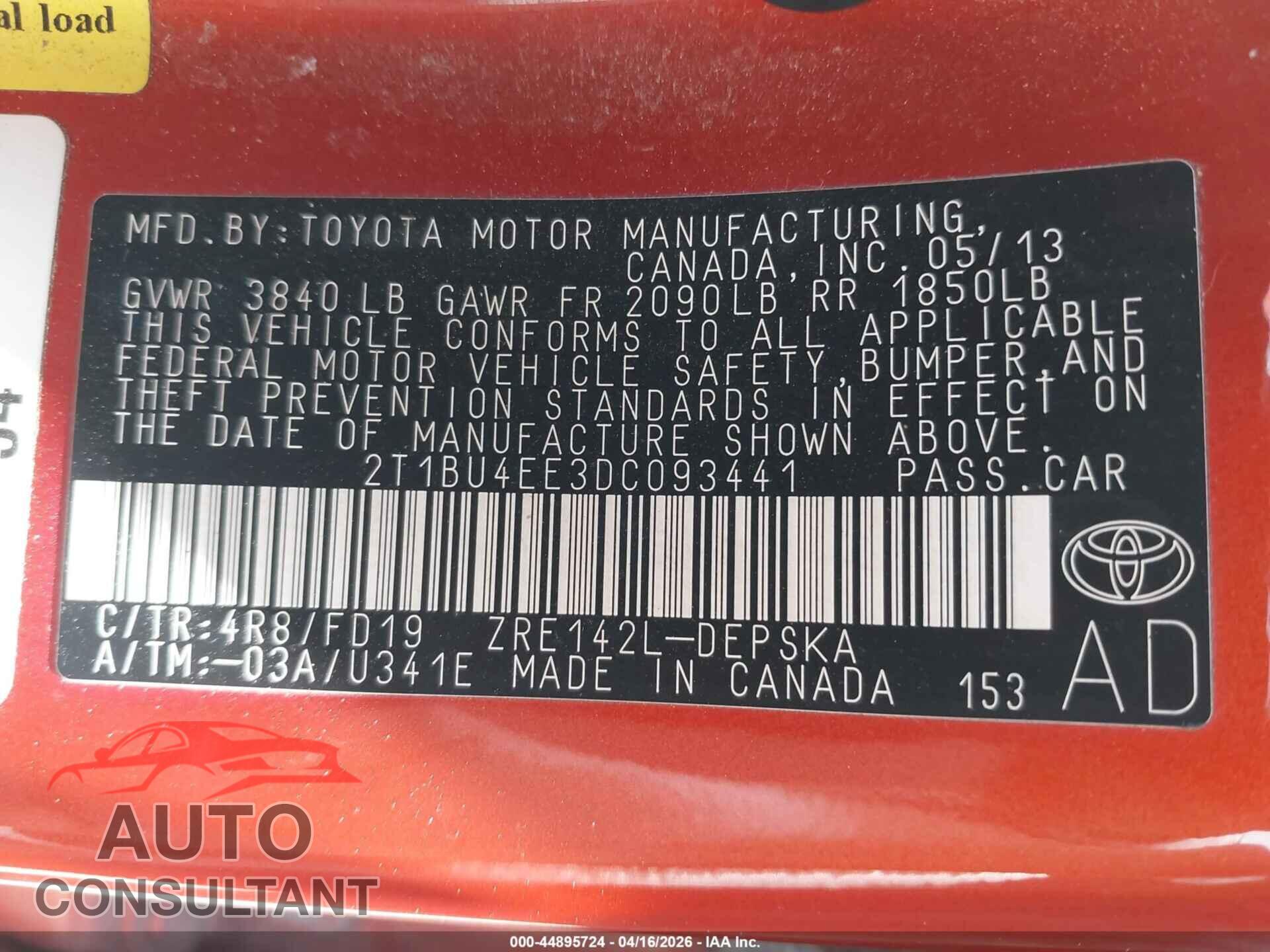 TOYOTA COROLLA 2013 - 2T1BU4EE3DC093441