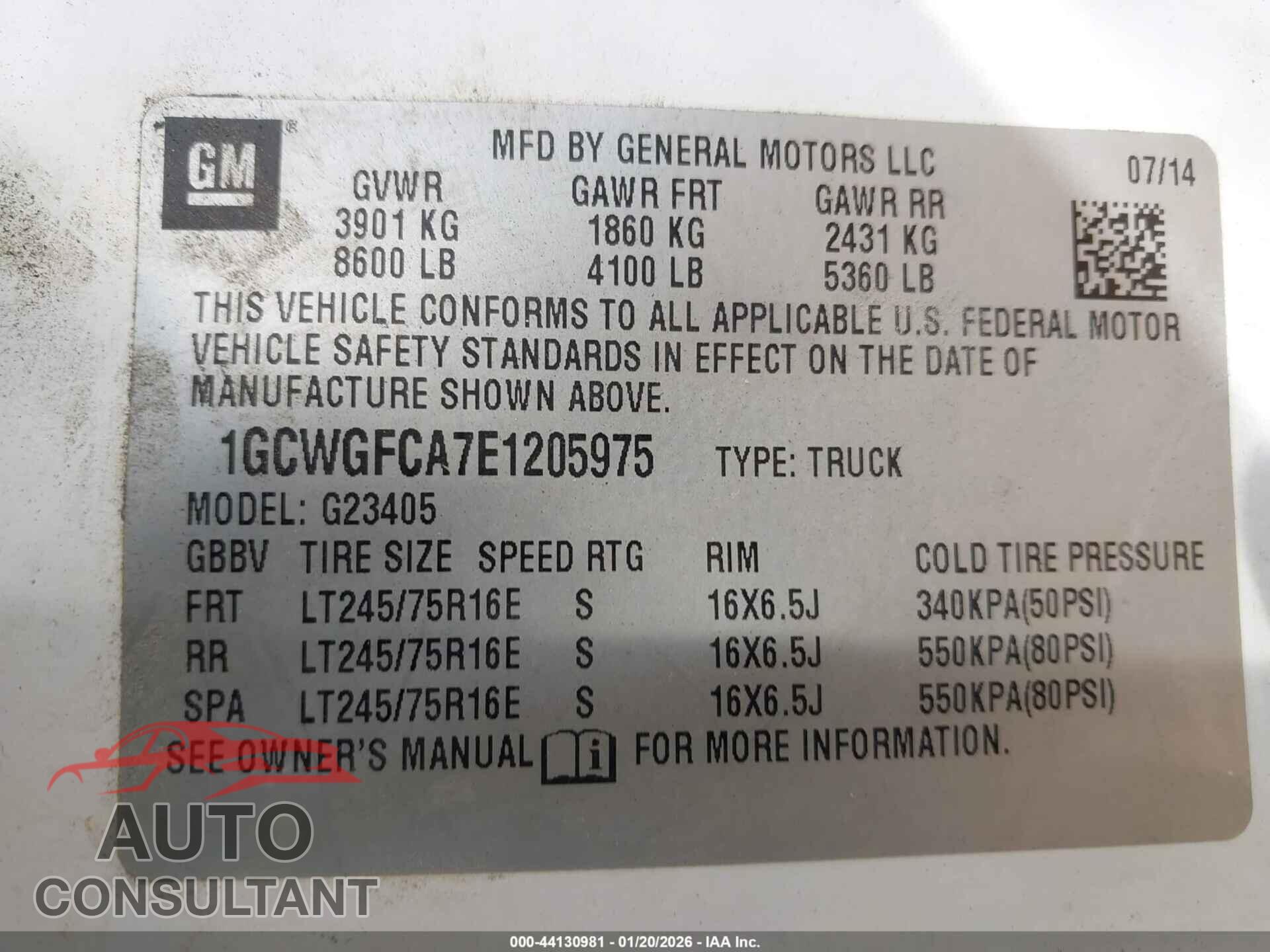 CHEVROLET EXPRESS 2500 2014 - 1GCWGFCA7E1205975