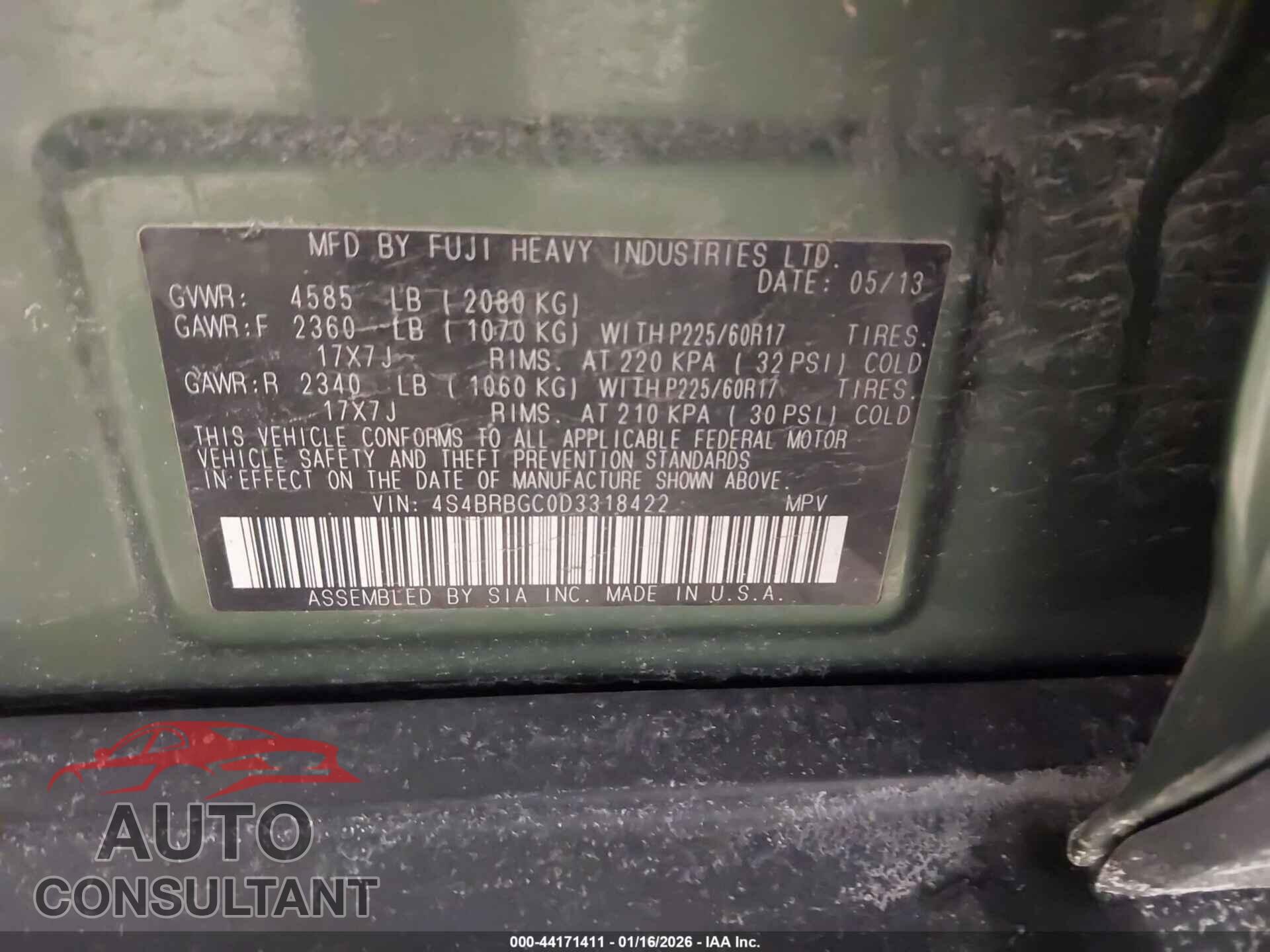 SUBARU OUTBACK 2013 - 4S4BRBGC0D3318422