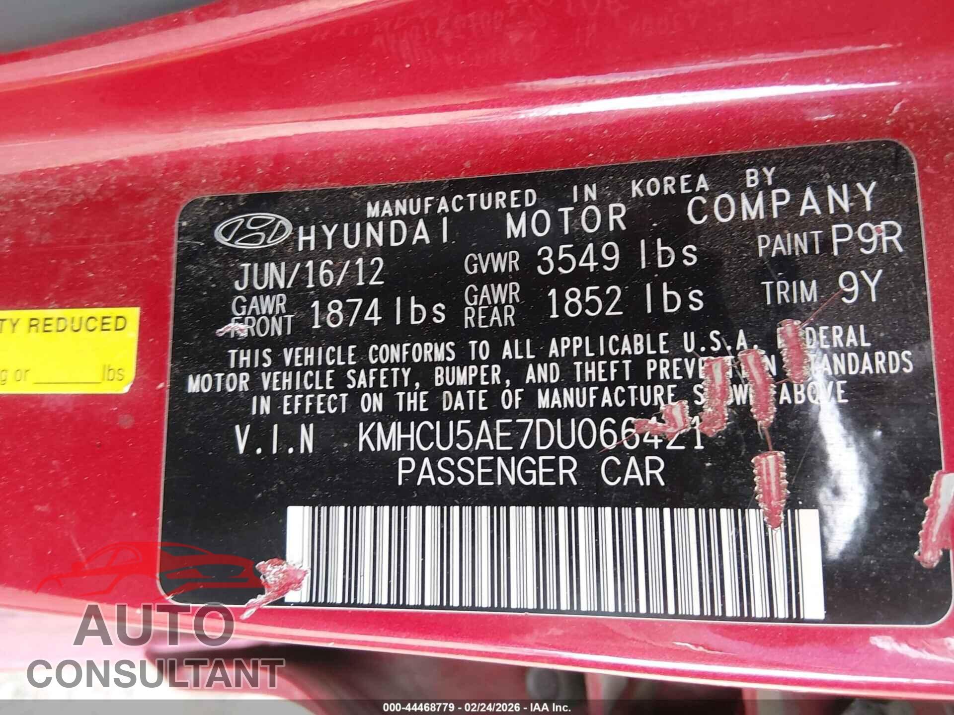 HYUNDAI ACCENT 2013 - KMHCU5AE7DU066421
