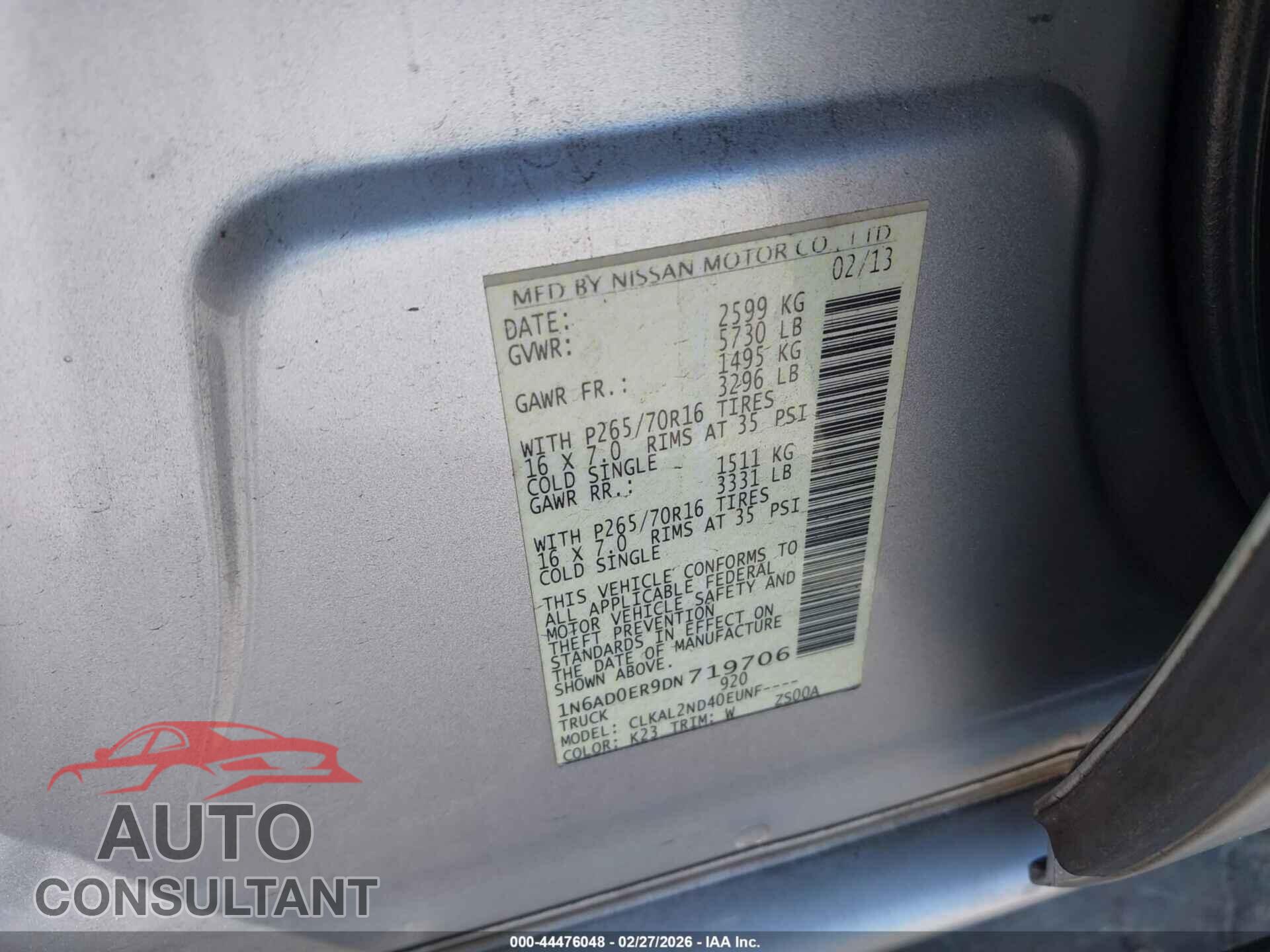 NISSAN FRONTIER 2013 - 1N6AD0ER9DN719706