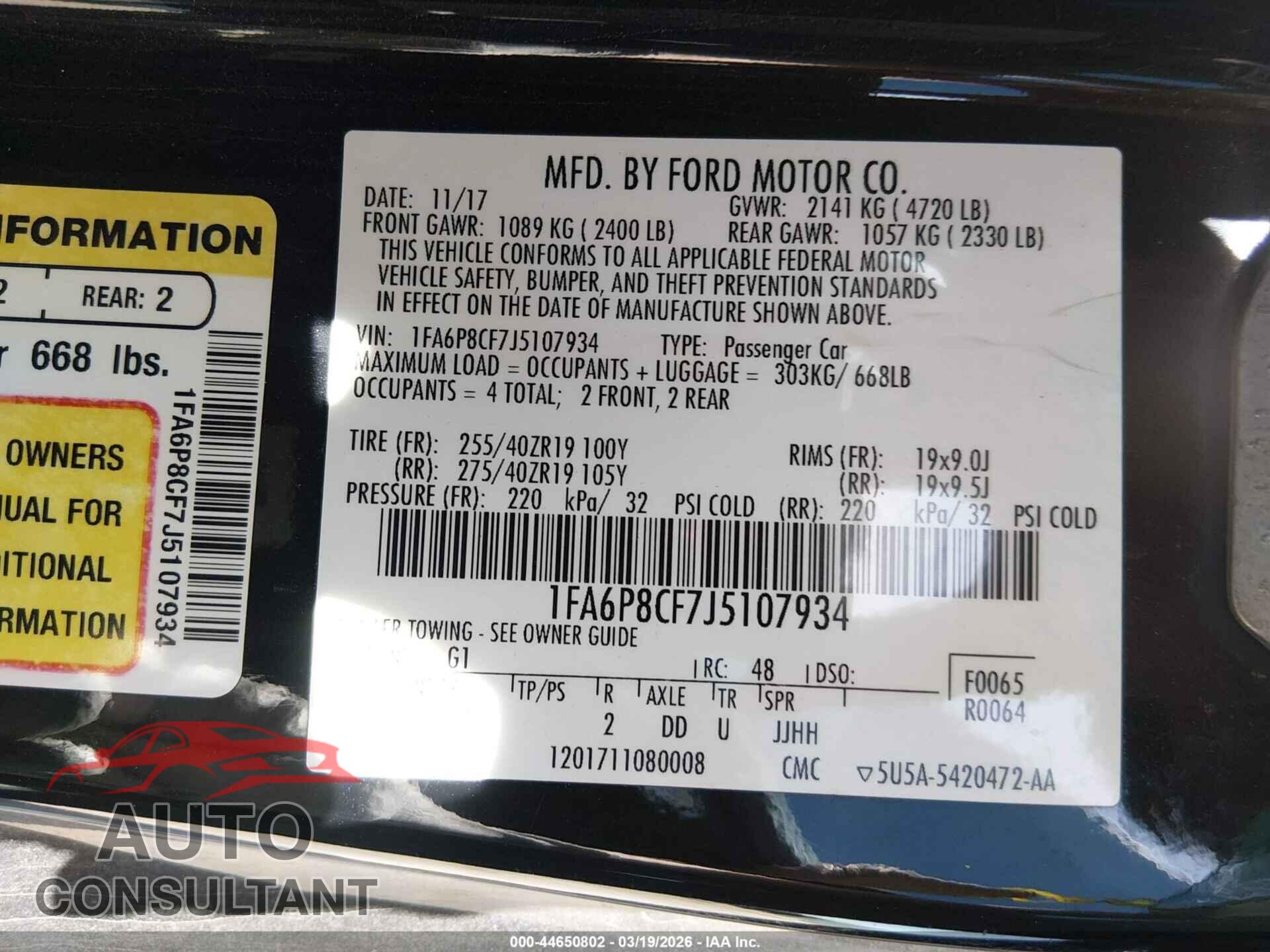 FORD MUSTANG 2018 - 1FA6P8CF7J5107934