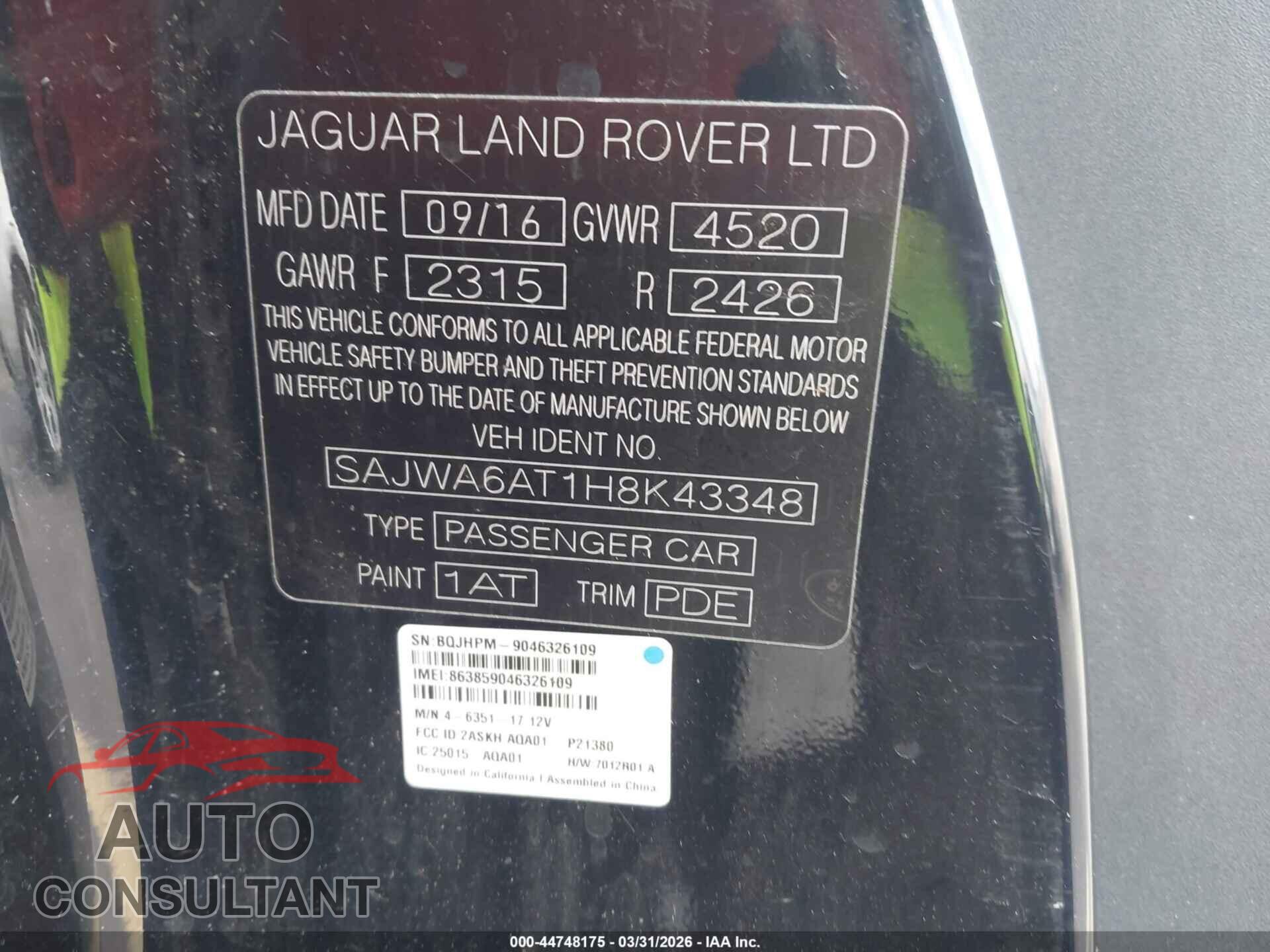 JAGUAR F-TYPE 2017 - SAJWA6AT1H8K43348