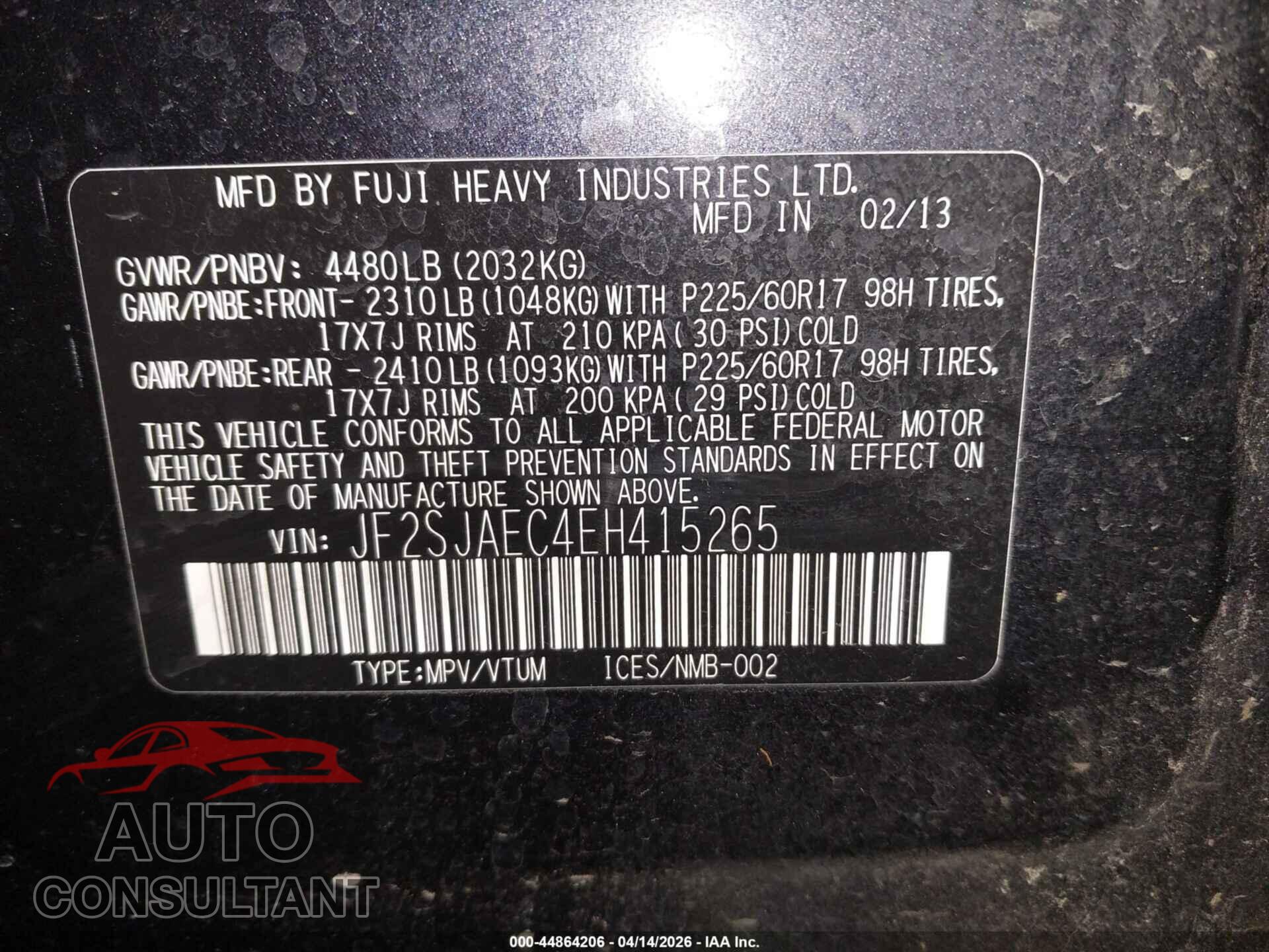SUBARU FORESTER 2014 - JF2SJAEC4EH415265