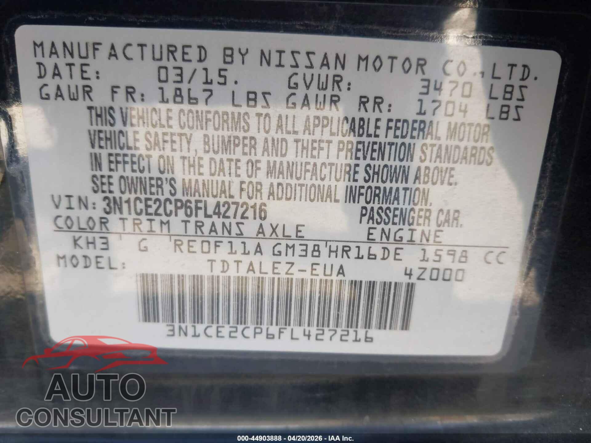 NISSAN VERSA NOTE 2015 - 3N1CE2CP6FL427216