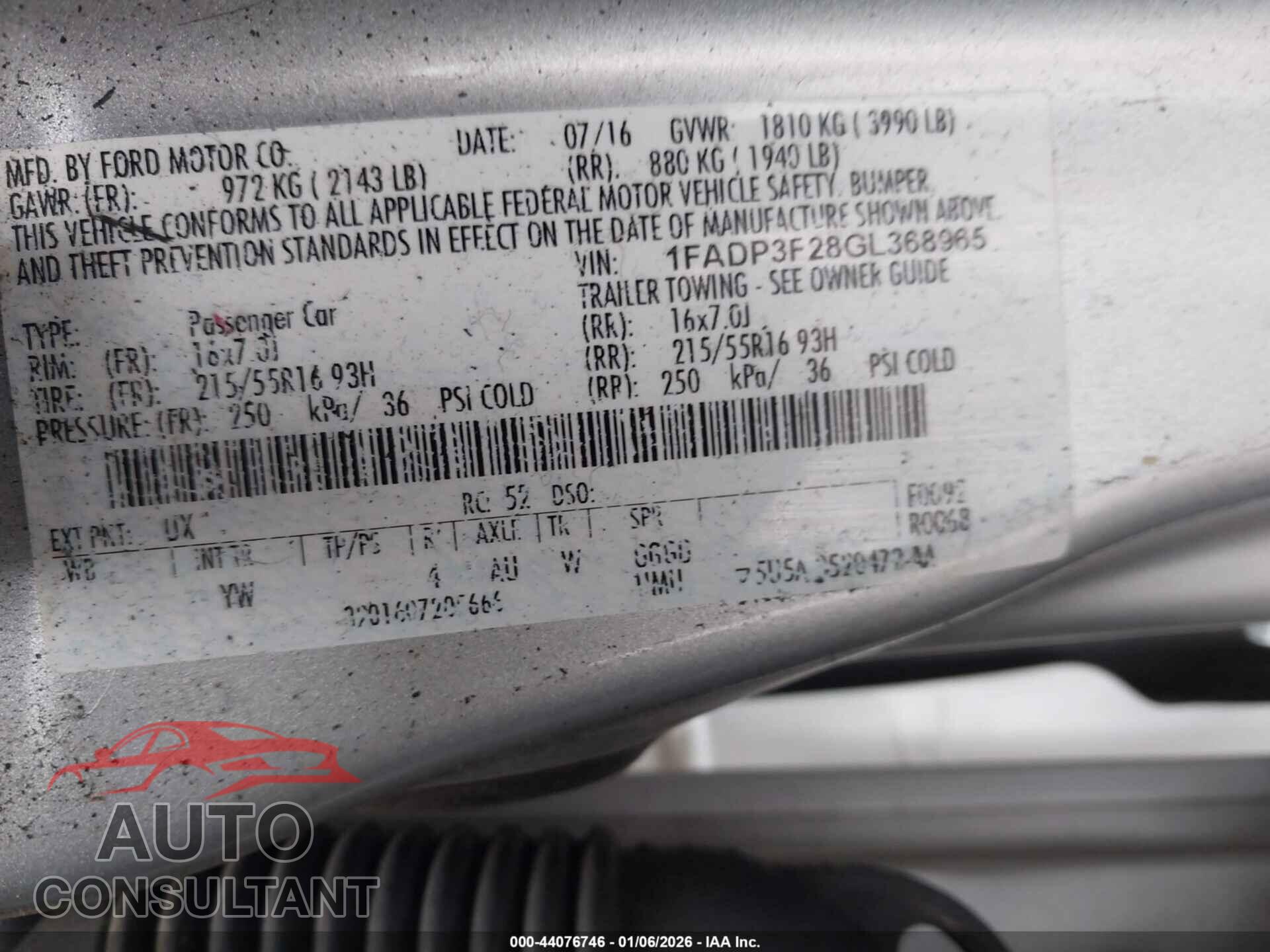 FORD FOCUS 2016 - 1FADP3F28GL368965