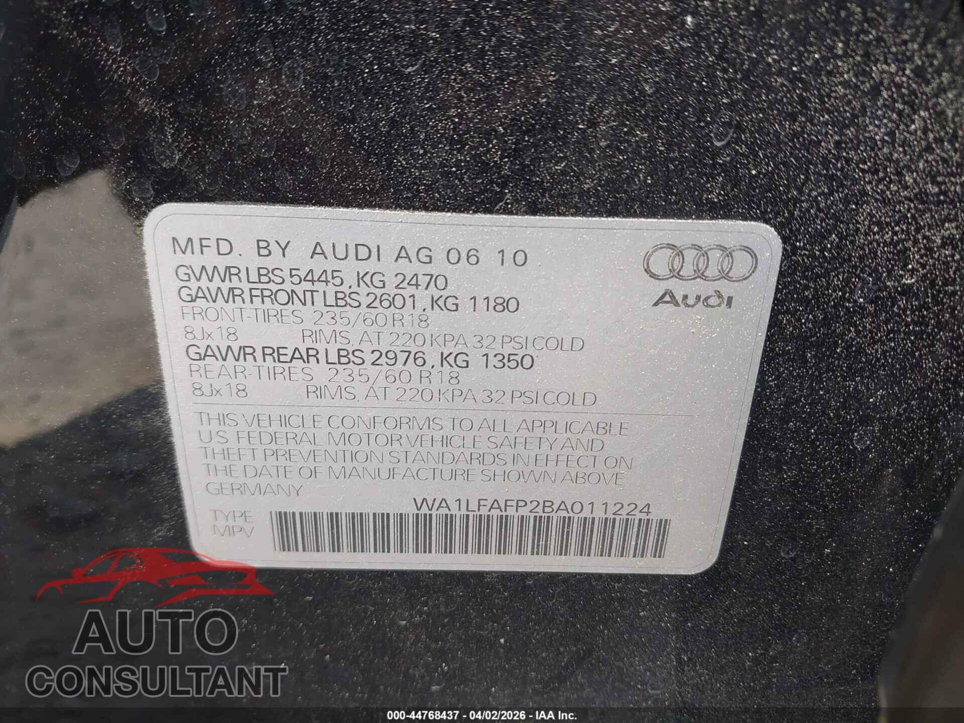 AUDI Q5 2011 - WA1LFAFP2BA011224
