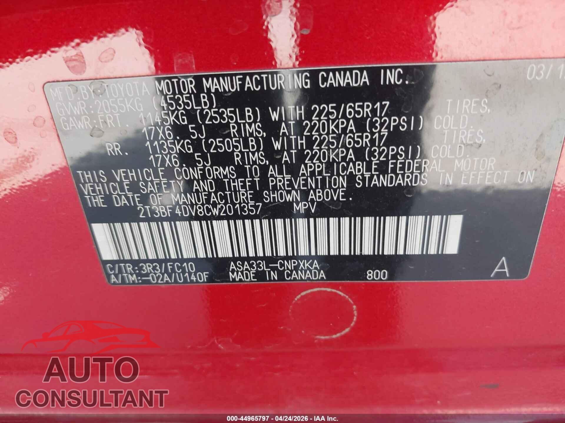TOYOTA RAV4 2012 - 2T3BF4DV8CW201357