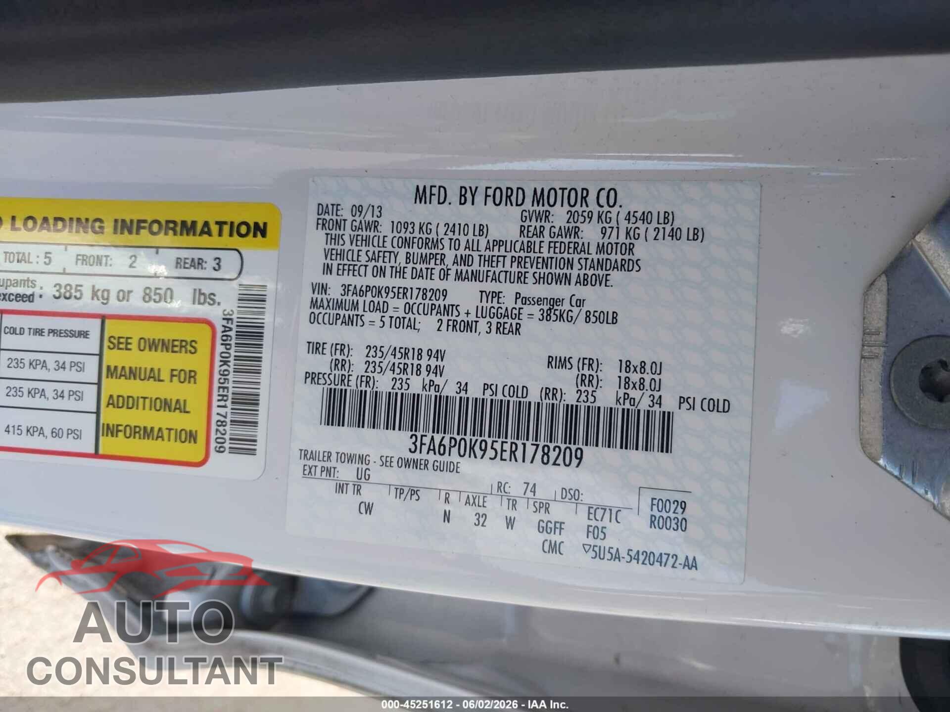 FORD FUSION 2014 - 3FA6P0K95ER178209