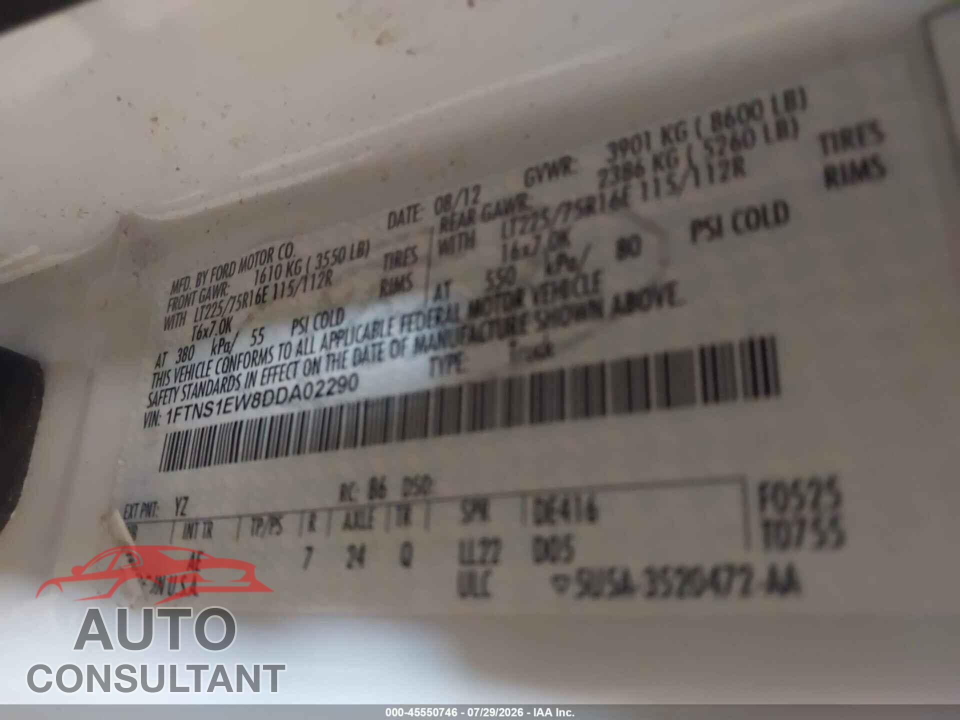 FORD E-150 2013 - 1FTNS1EW8DDA02290