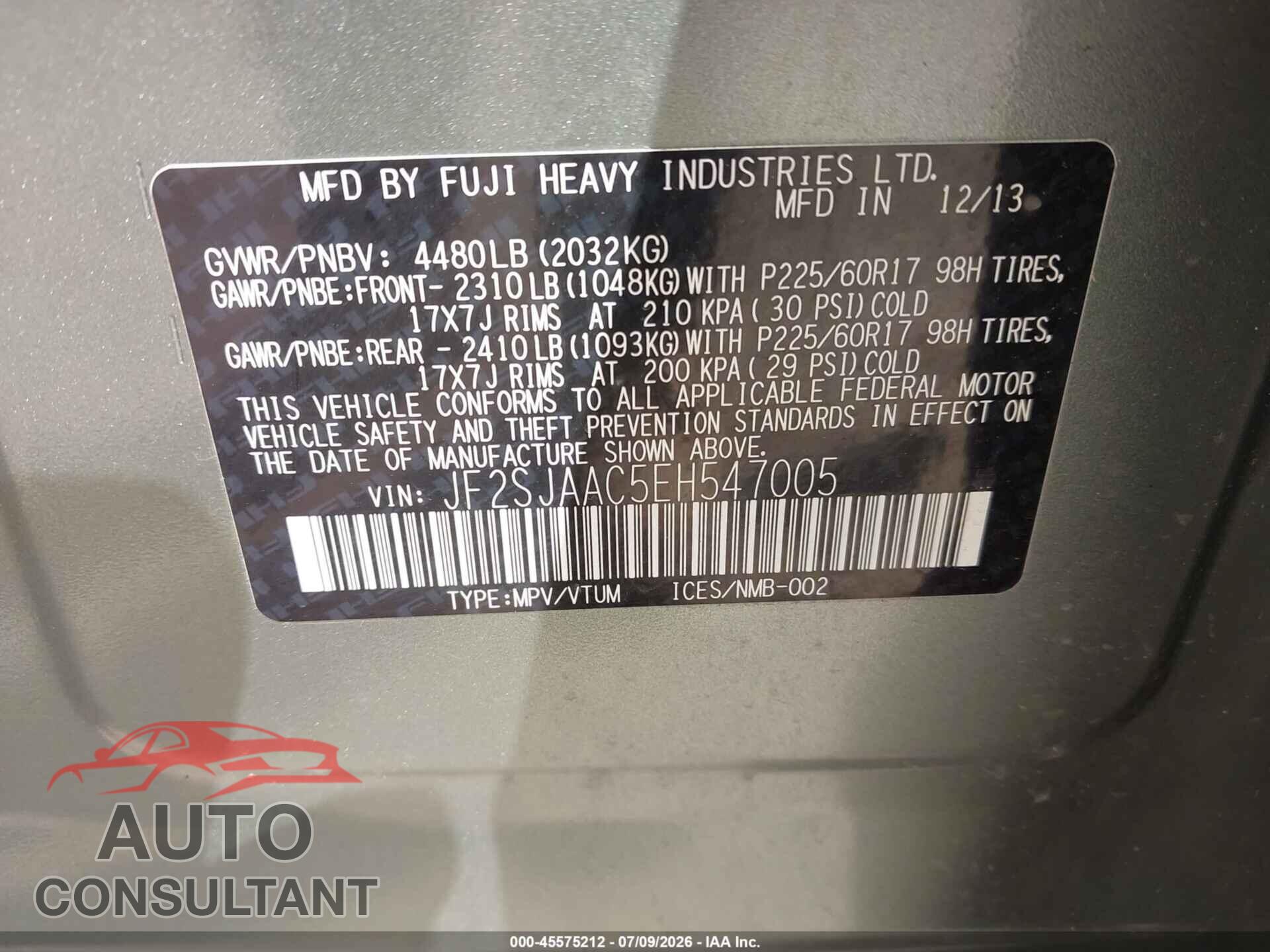 SUBARU FORESTER 2014 - JF2SJAAC5EH547005