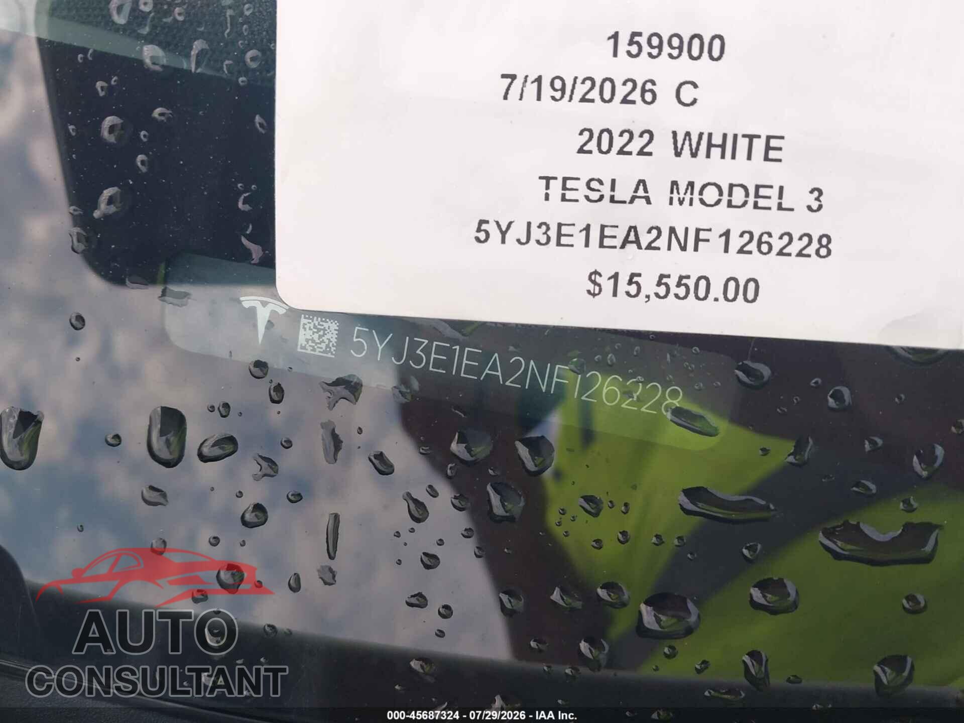 TESLA MODEL 3 2022 - 5YJ3E1EA2NF126228