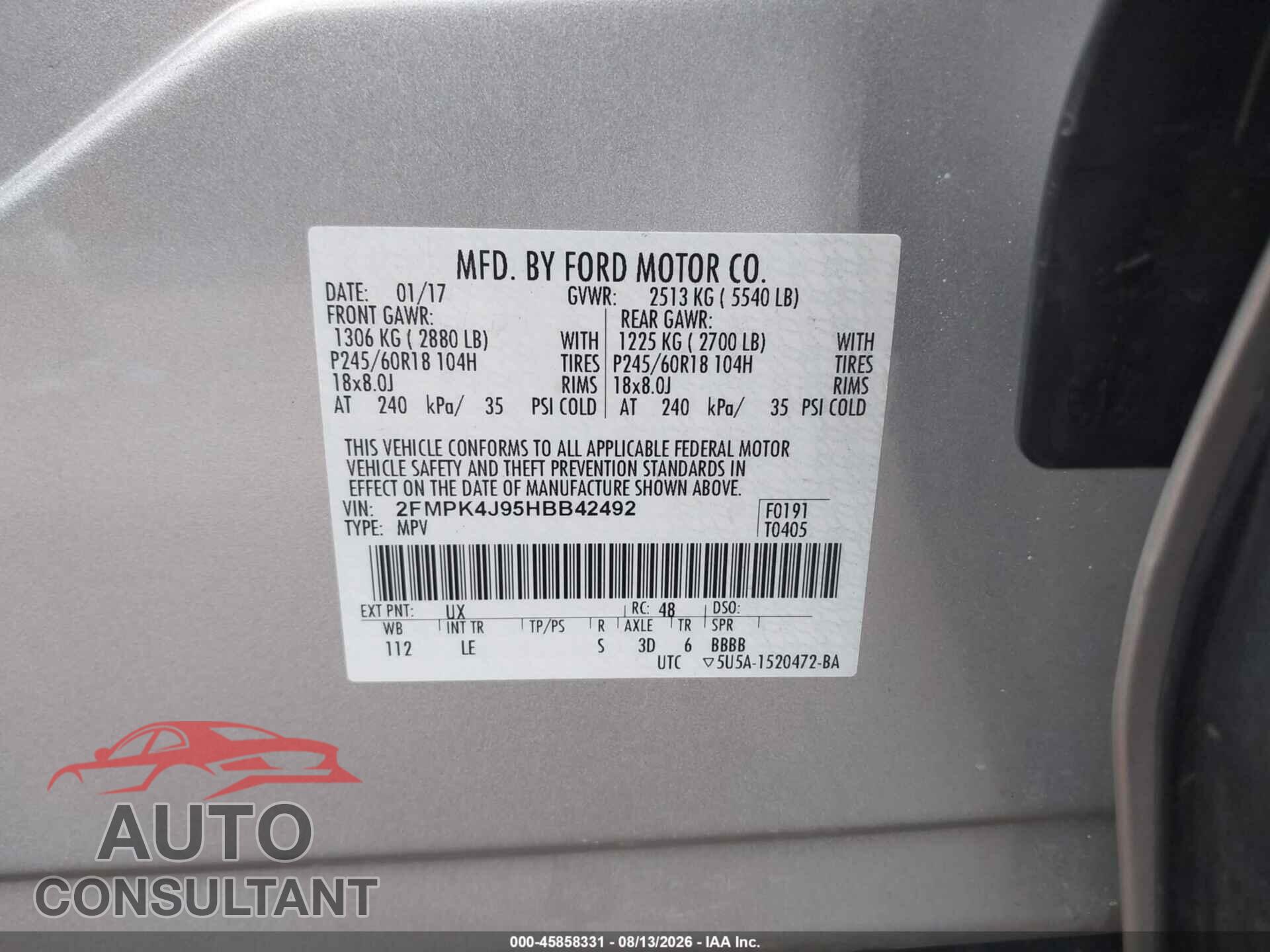 FORD EDGE 2017 - 2FMPK4J95HBB42492