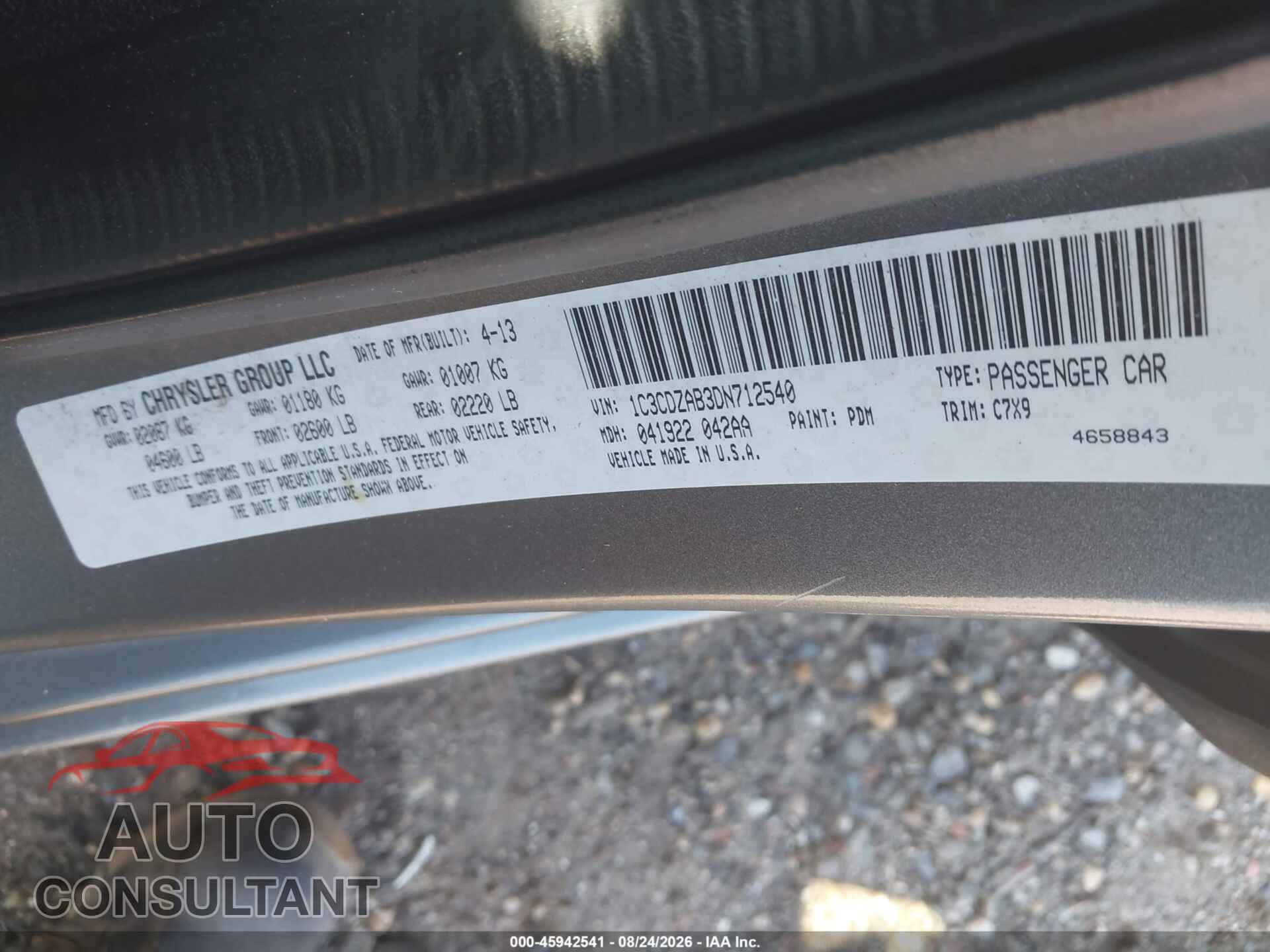 DODGE AVENGER 2013 - 1C3CDZAB3DN712540