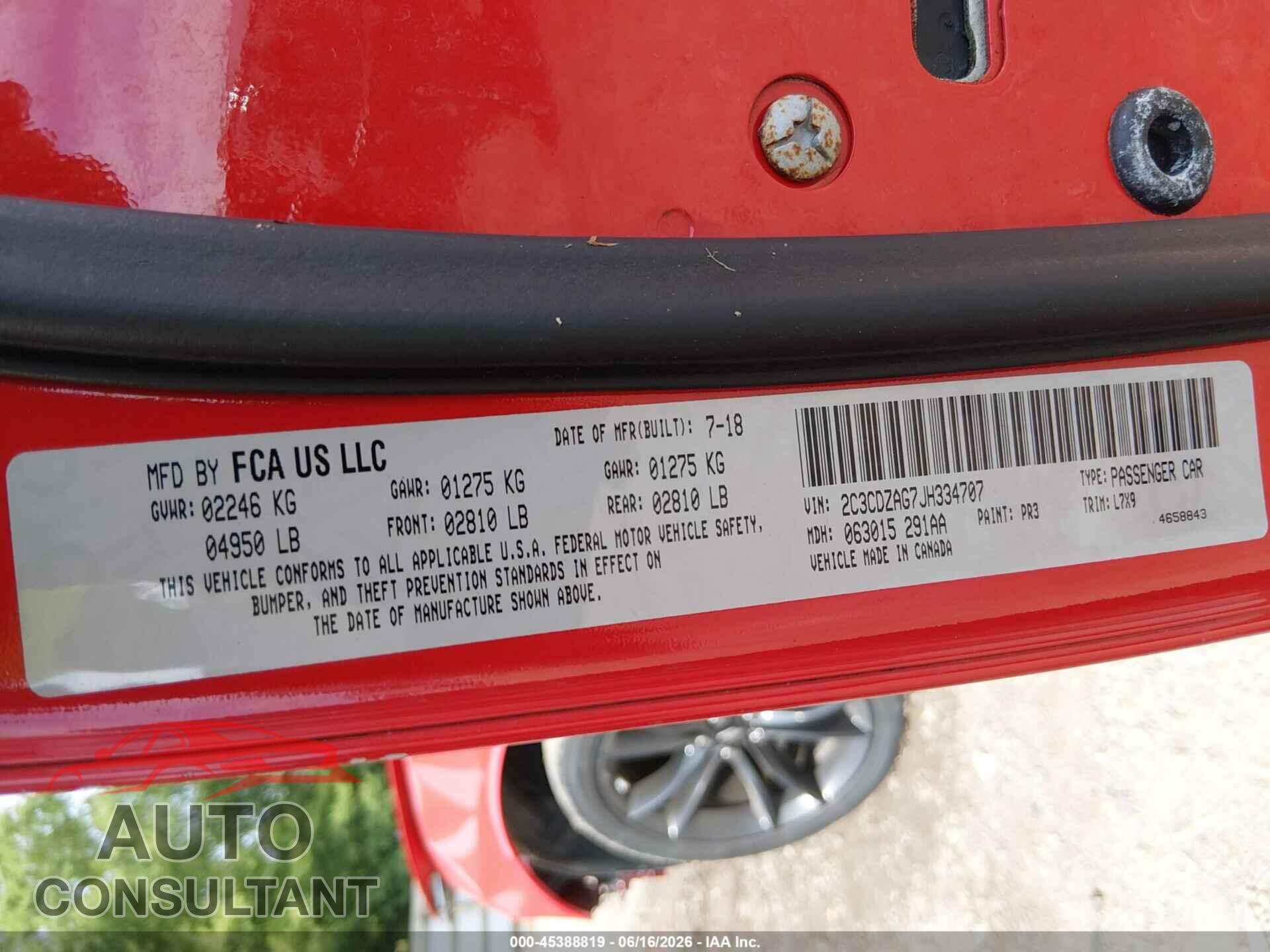DODGE CHALLENGER 2018 - 2C3CDZAG7JH334707