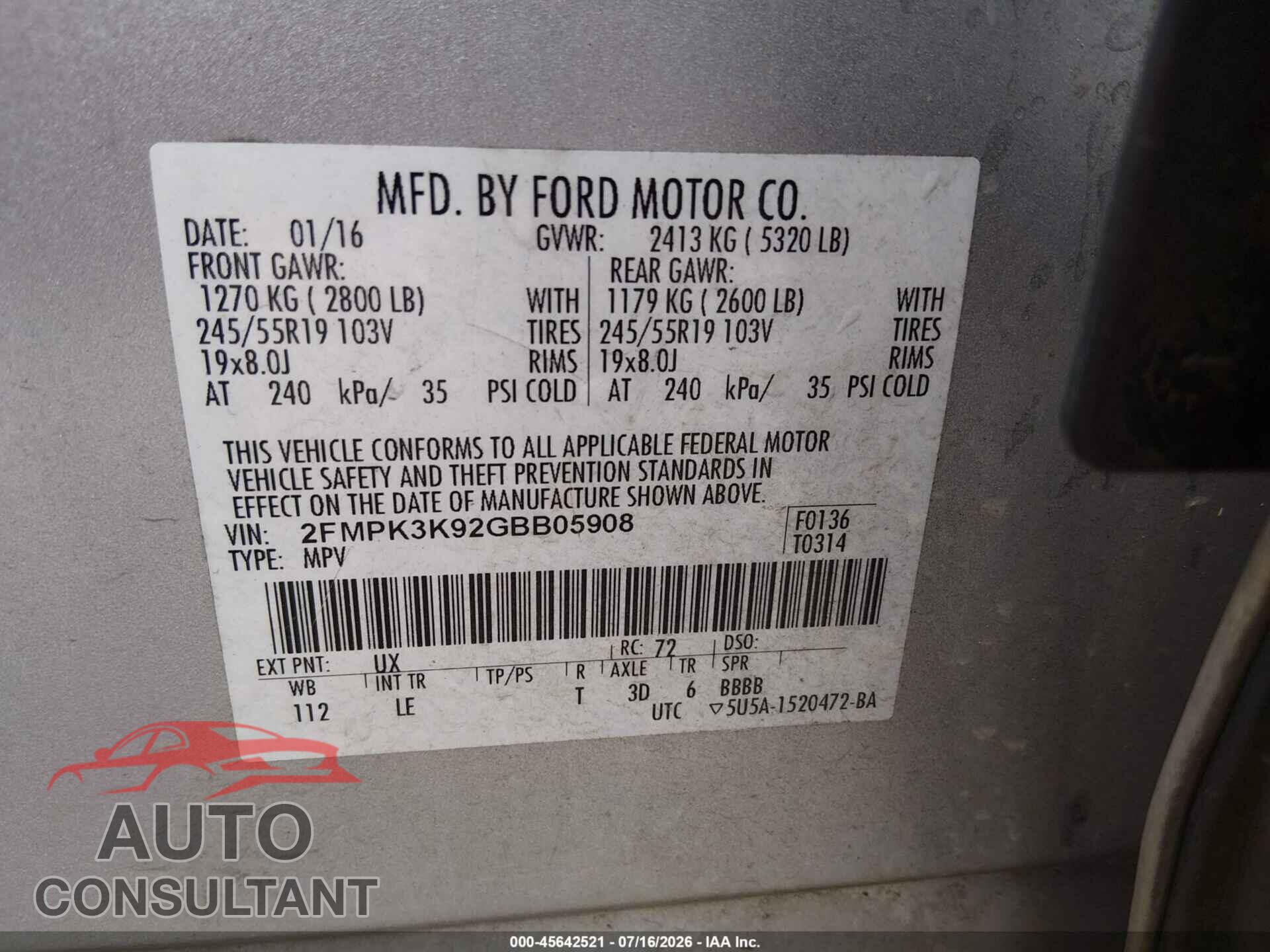 FORD EDGE 2016 - 2FMPK3K92GBB05908