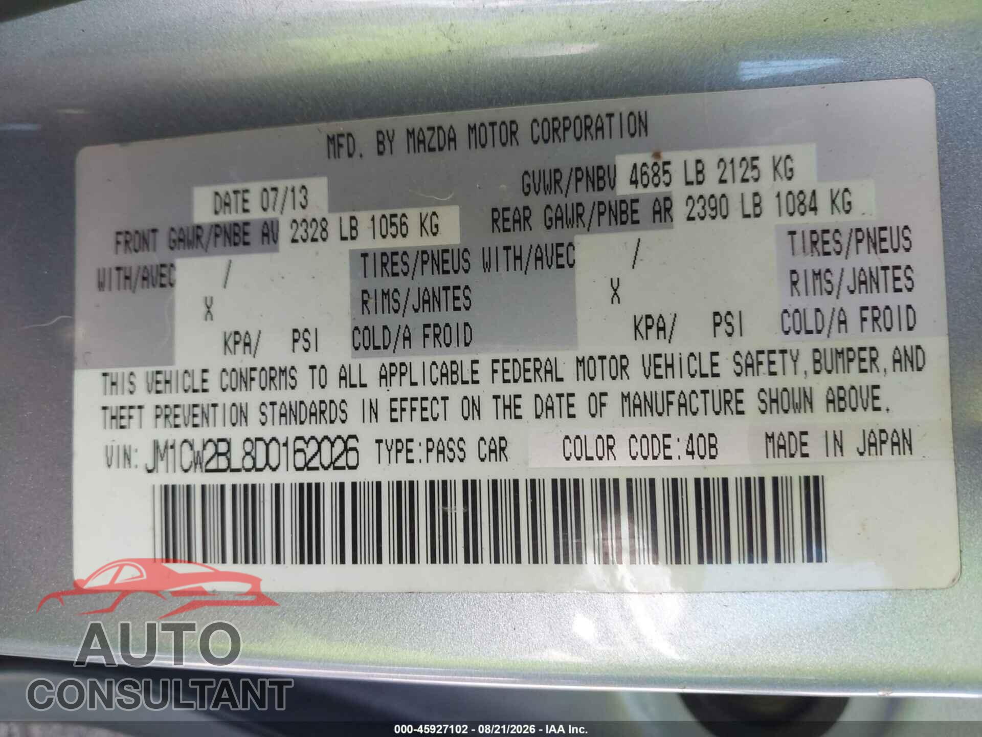 MAZDA MAZDA5 2013 - JM1CW2BL8D0162026