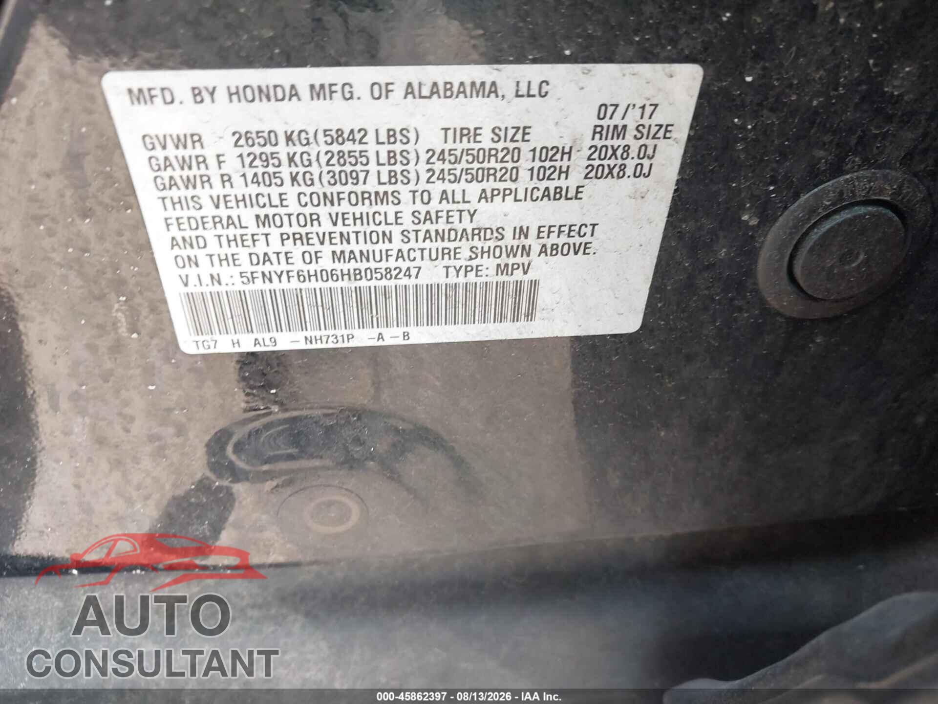 HONDA PILOT 2017 - 5FNYF6H06HB058247
