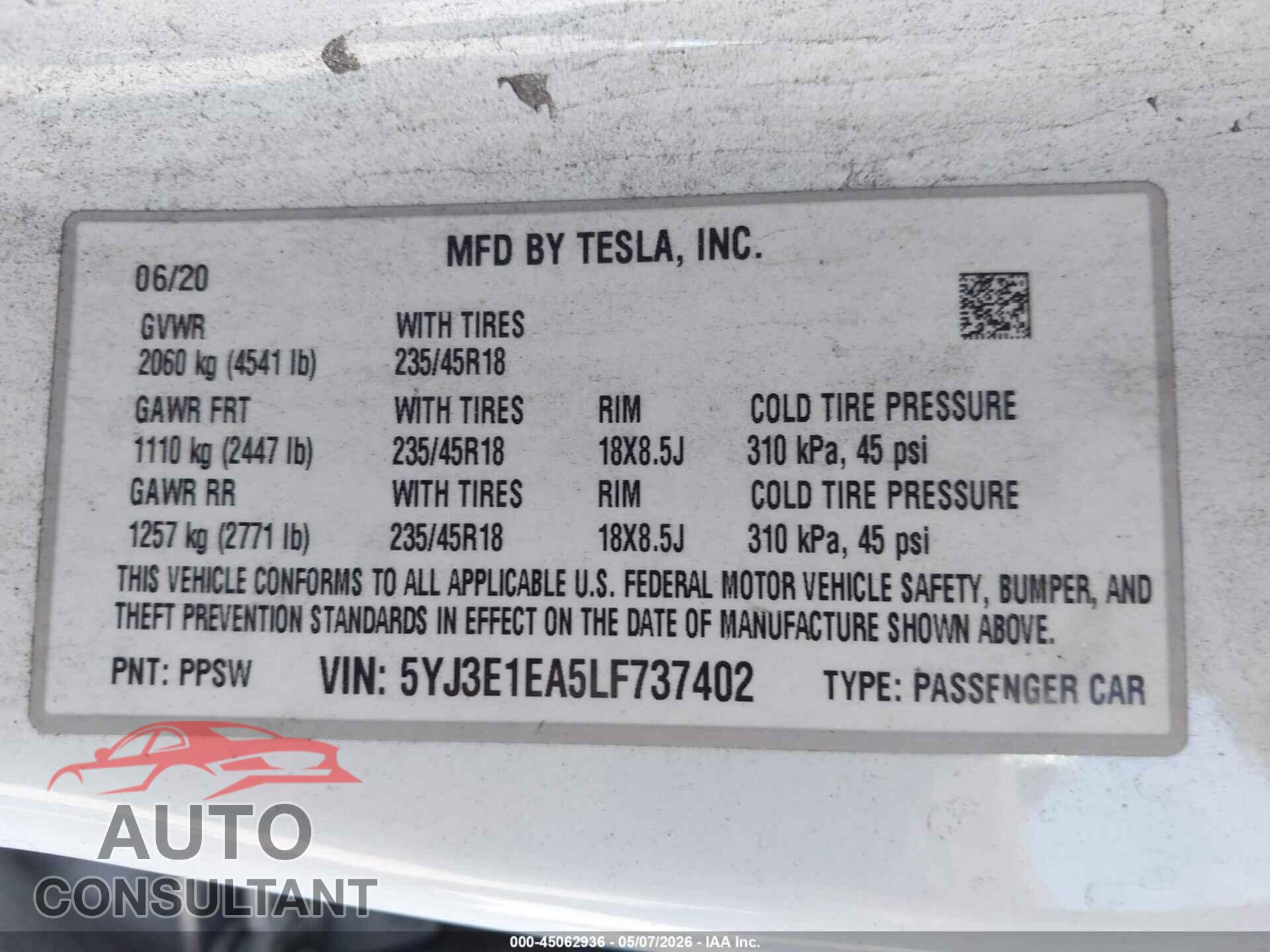 TESLA MODEL 3 2020 - 5YJ3E1EA5LF737402