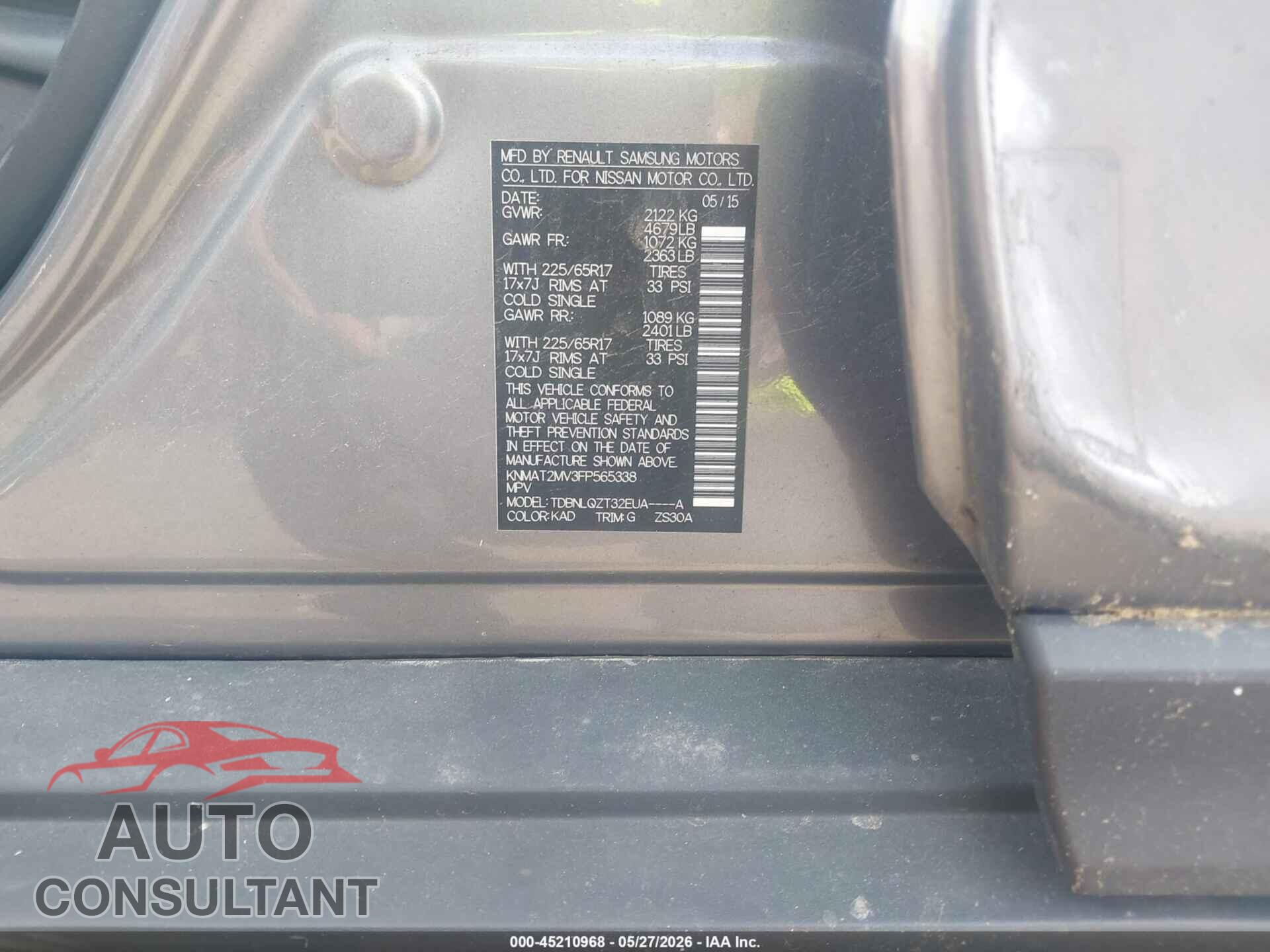 NISSAN ROGUE 2015 - KNMAT2MV3FP565338