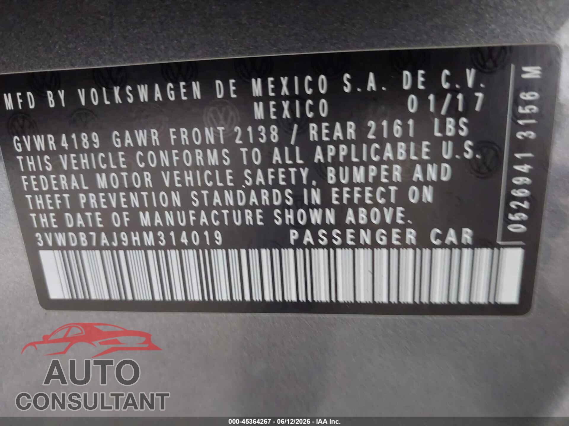 VOLKSWAGEN JETTA 2017 - 3VWDB7AJ9HM314019