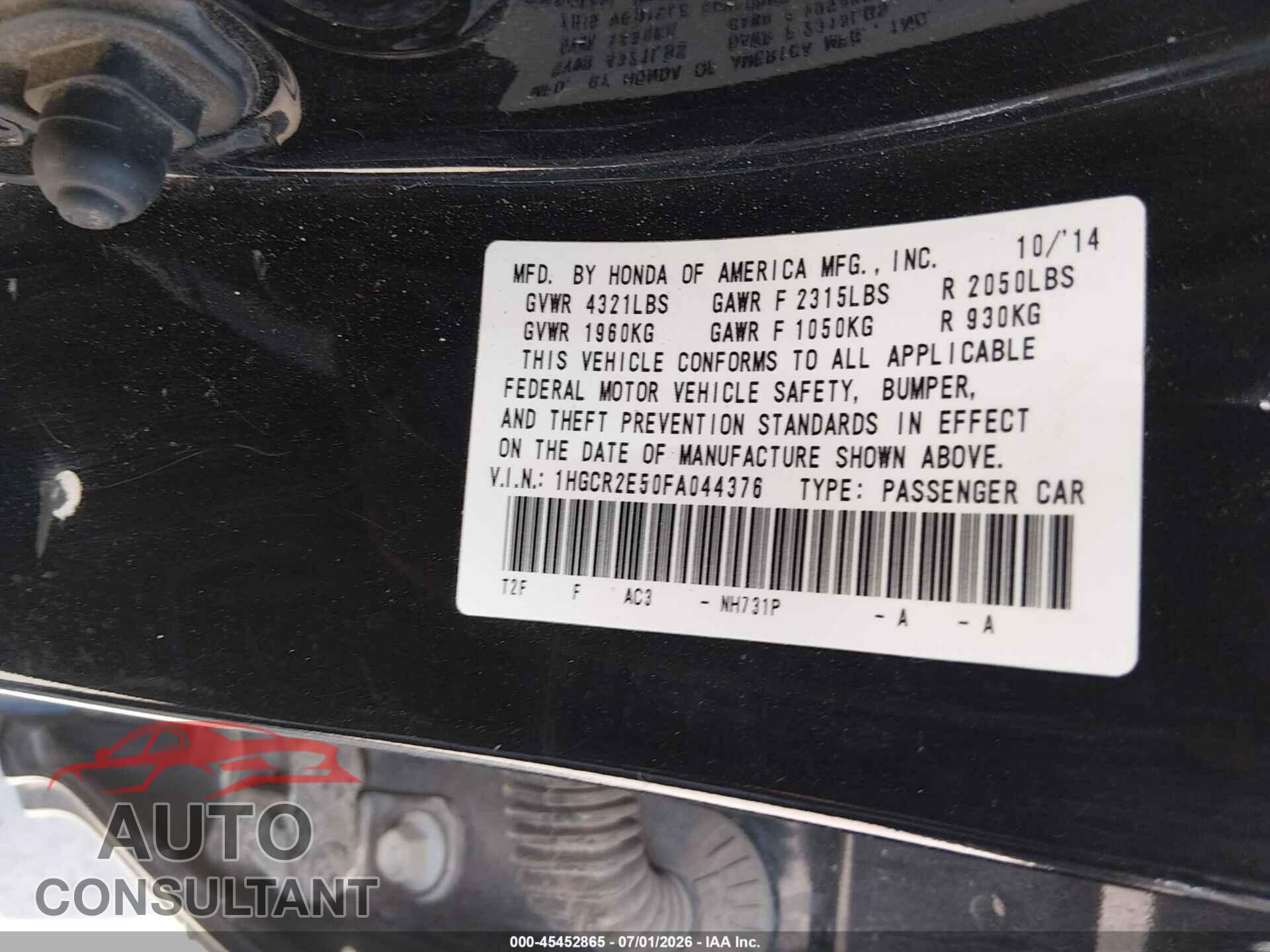 HONDA ACCORD 2015 - 1HGCR2E50FA044376
