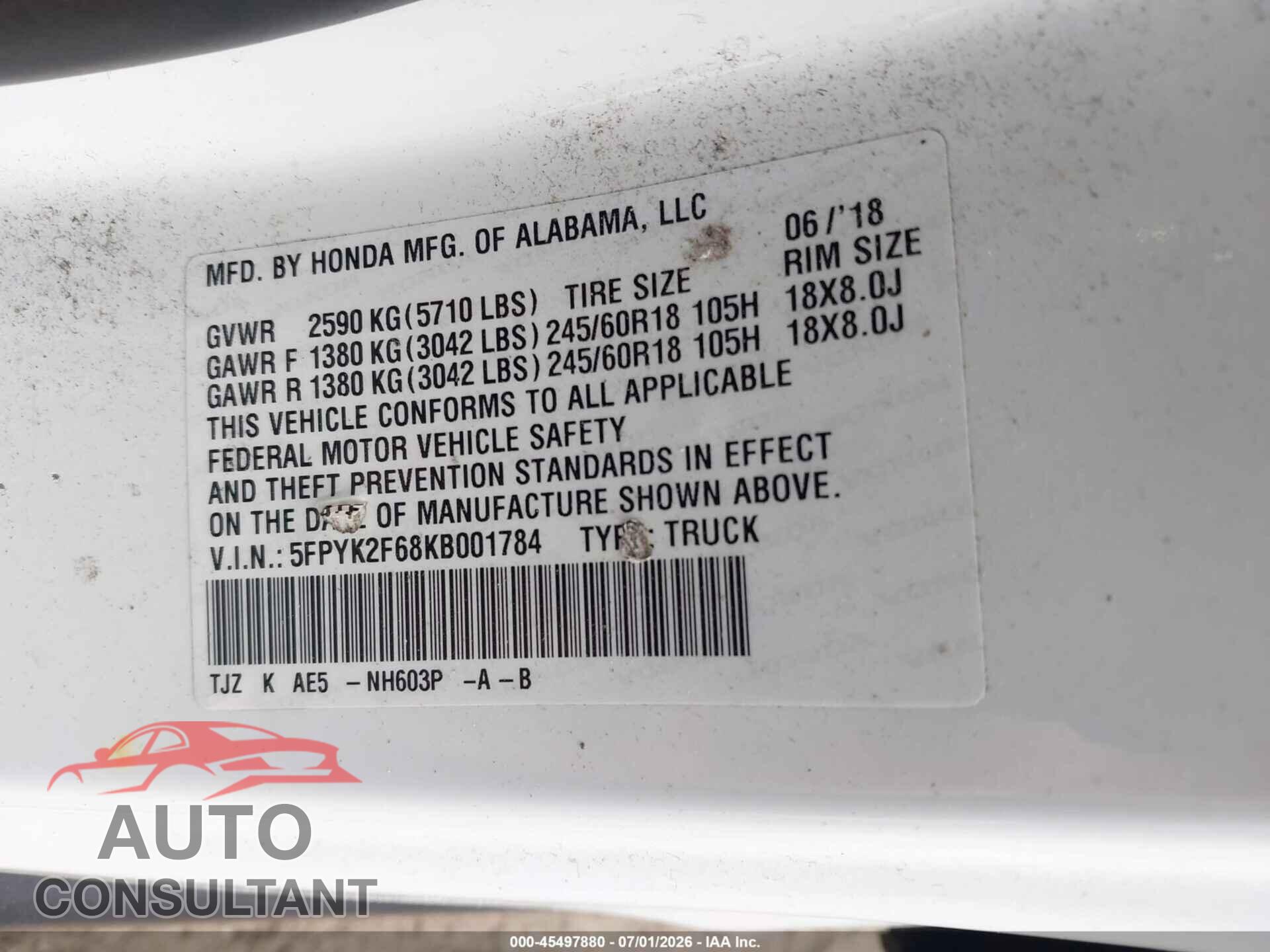 HONDA RIDGELINE 2019 - 5FPYK2F68KB001784
