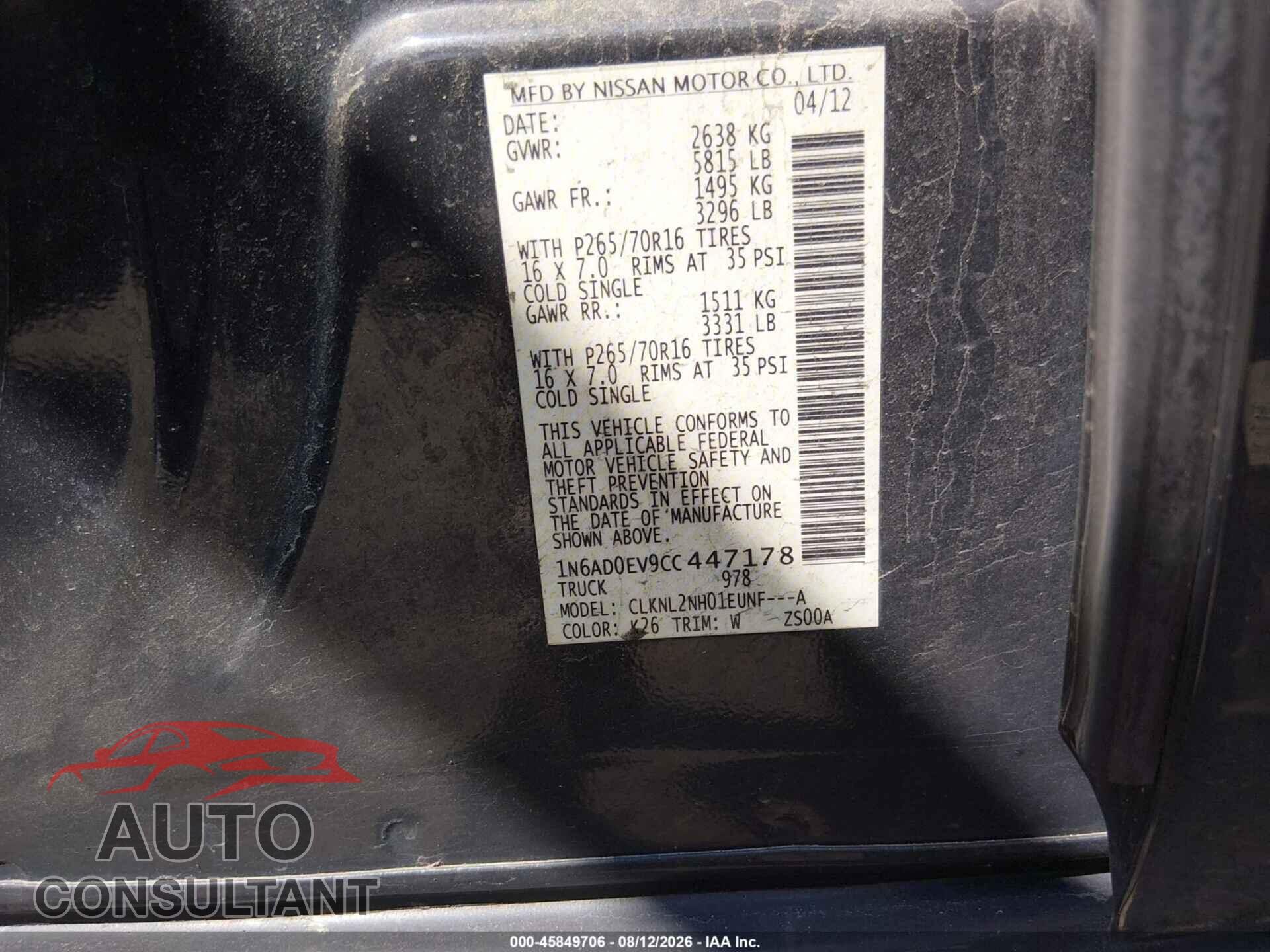 NISSAN FRONTIER 2012 - 1N6AD0EV9CC447178