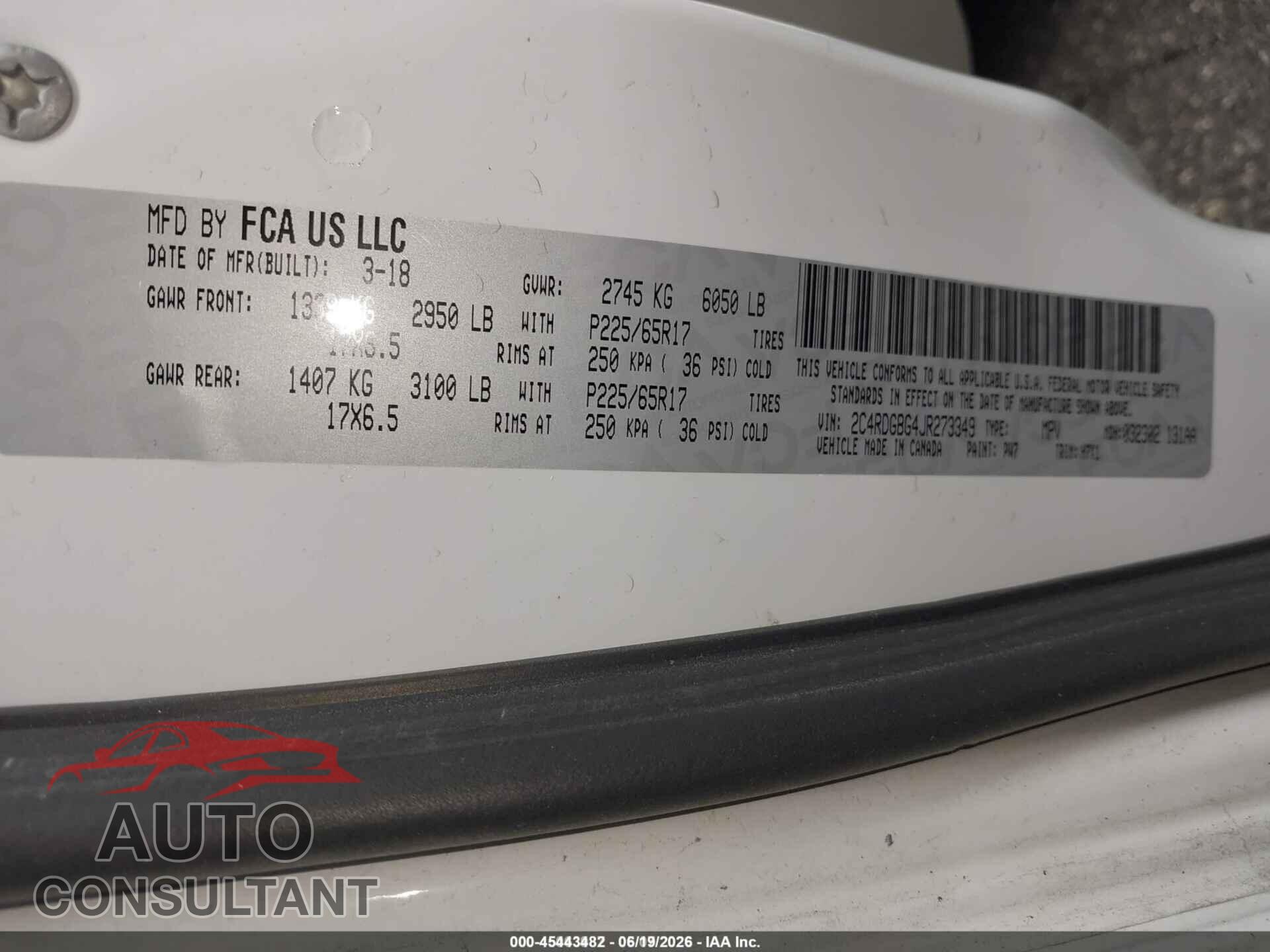 DODGE GRAND CARAVAN 2018 - 2C4RDGBG4JR273349