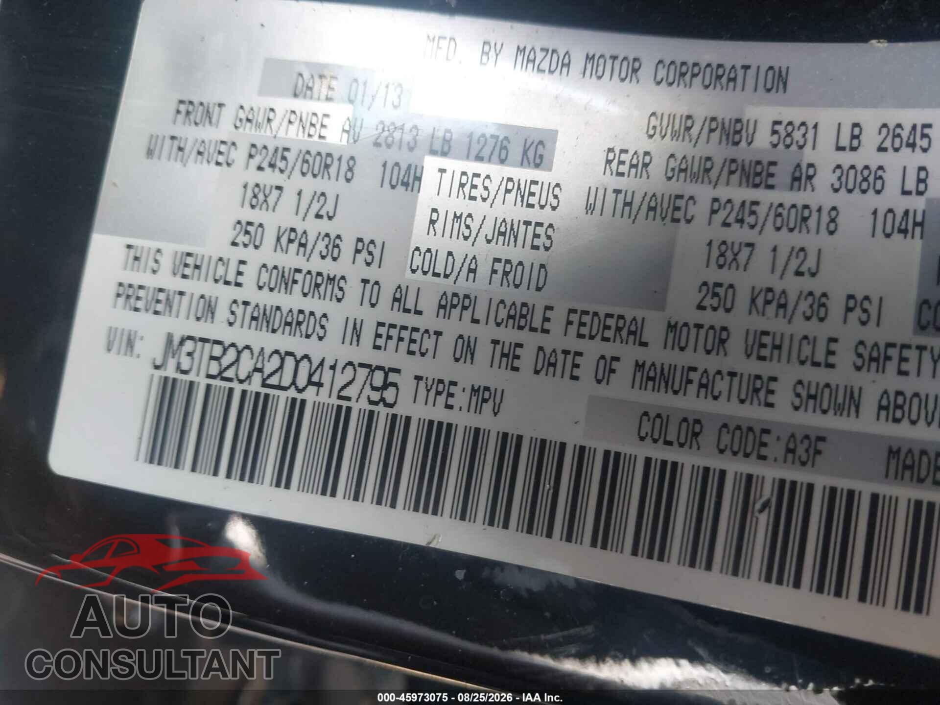 MAZDA CX-9 2013 - JM3TB2CA2D0412795