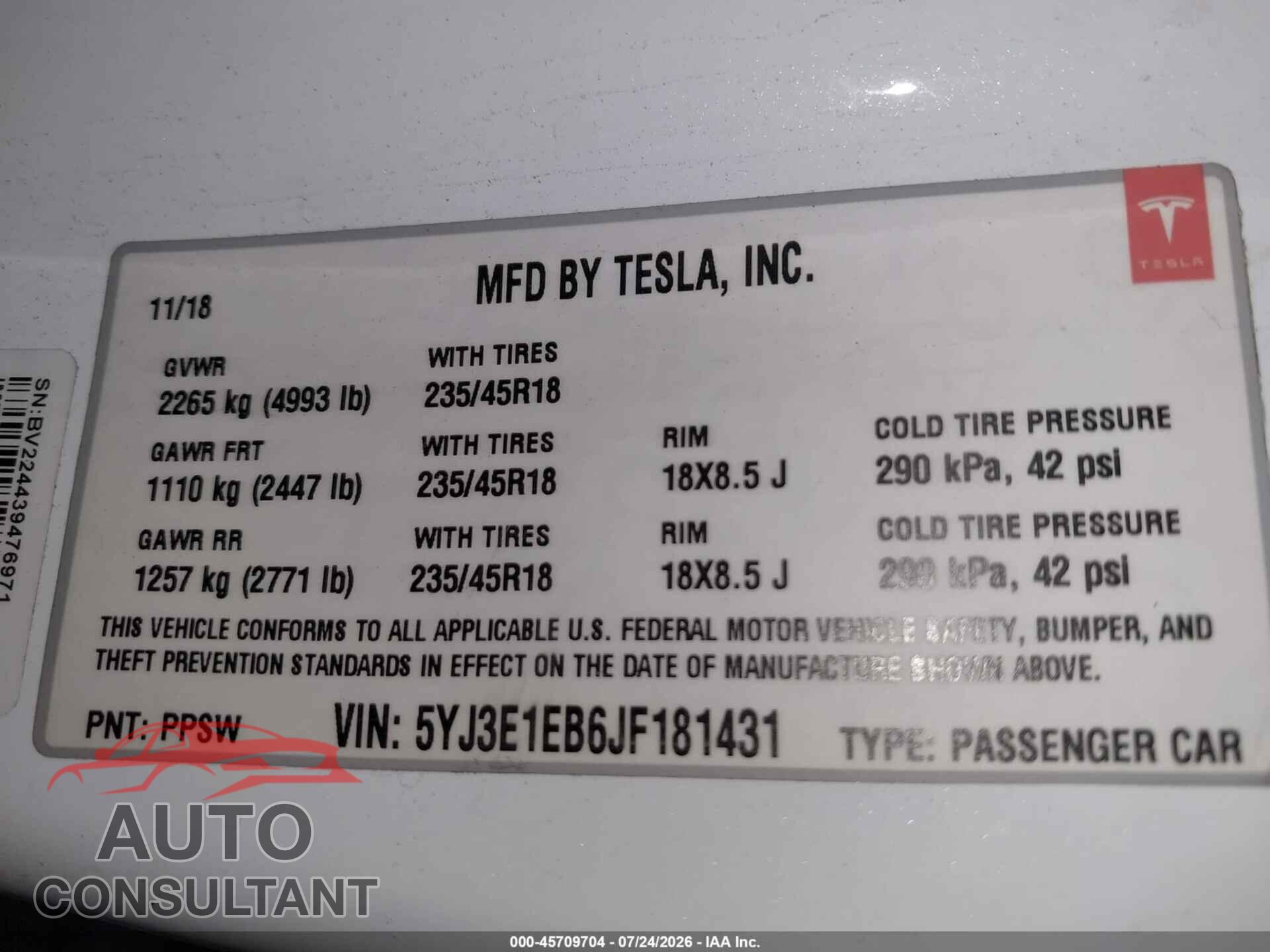TESLA MODEL 3 2018 - 5YJ3E1EB6JF181431