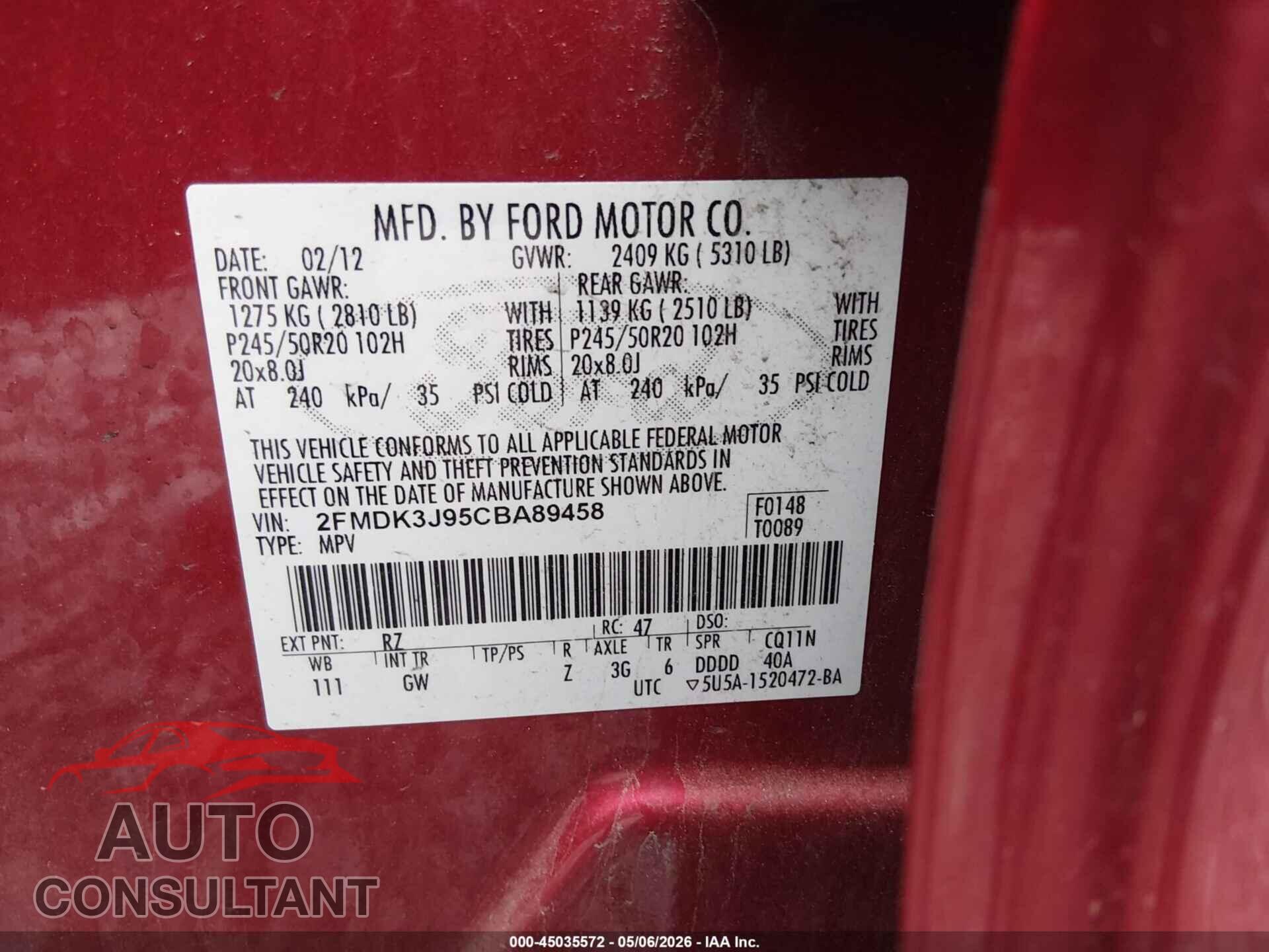 FORD EDGE 2012 - 2FMDK3J95CBA89458