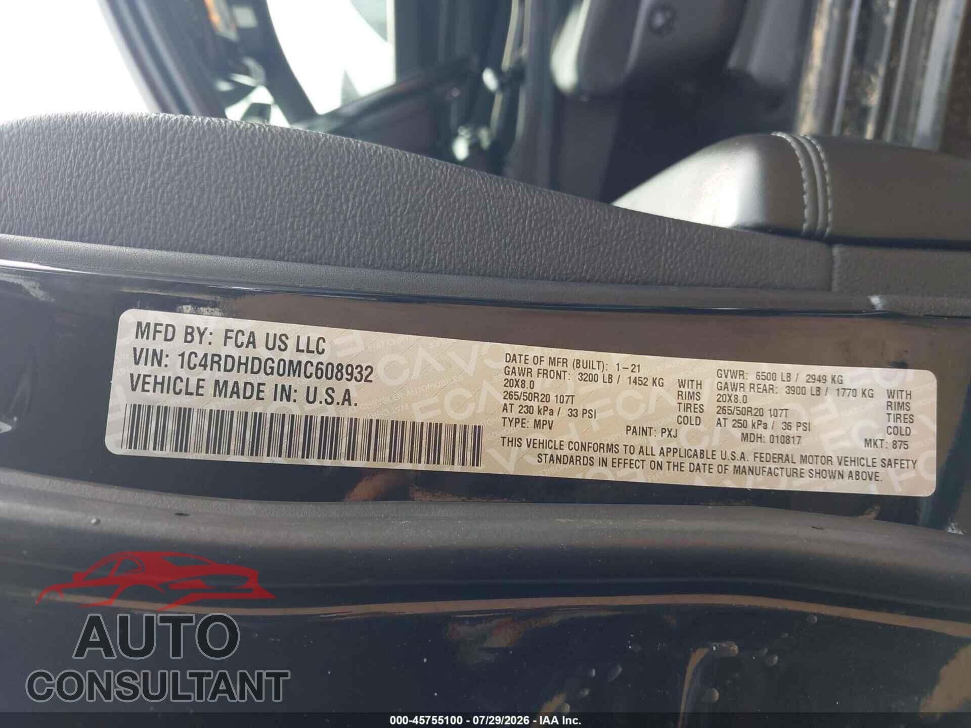 DODGE DURANGO 2021 - 1C4RDHDG0MC608932