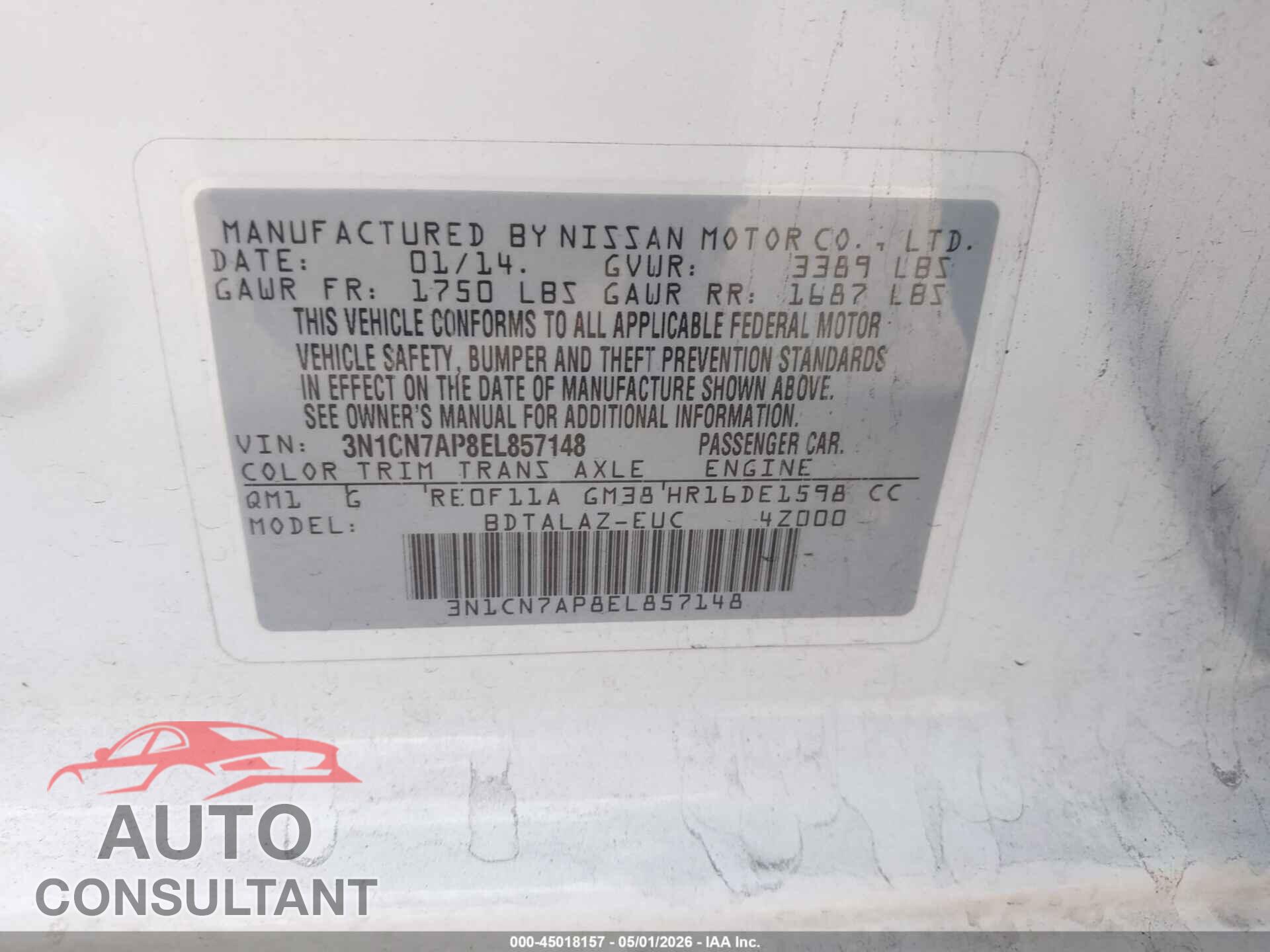 NISSAN VERSA 2014 - 3N1CN7AP8EL857148