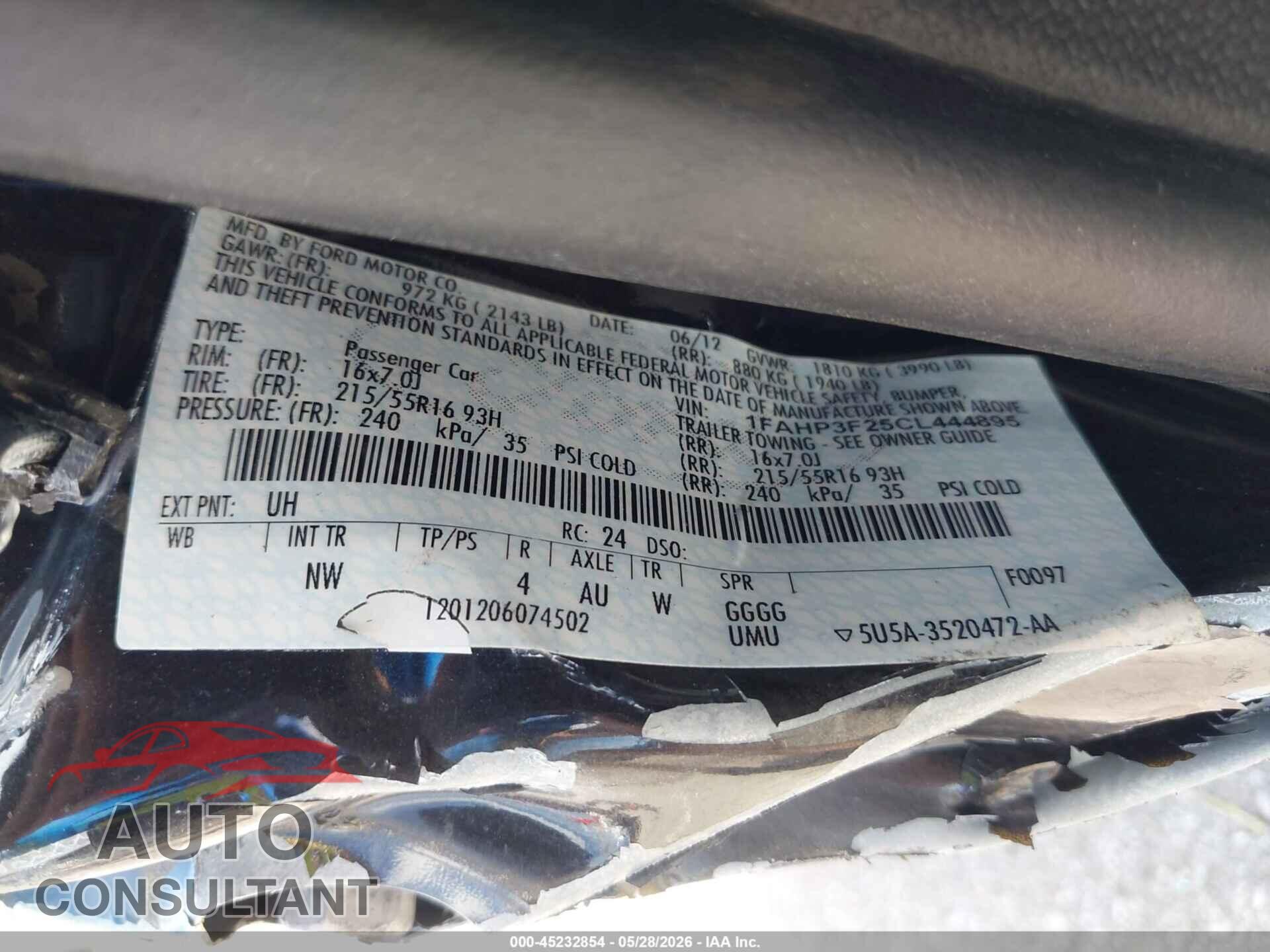 FORD FOCUS 2012 - 1FAHP3F25CL444895