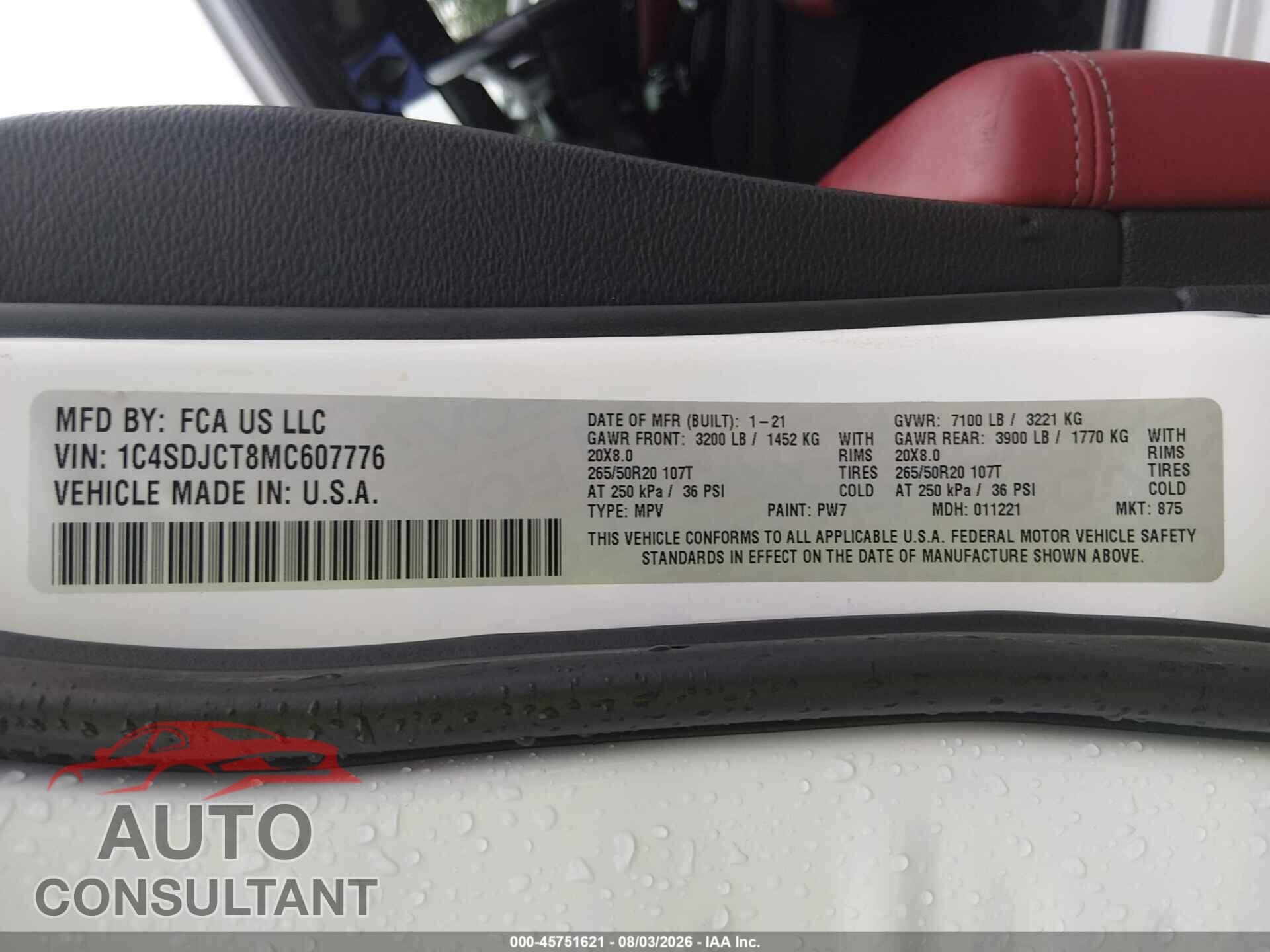 DODGE DURANGO 2021 - 1C4SDJCT8MC607776