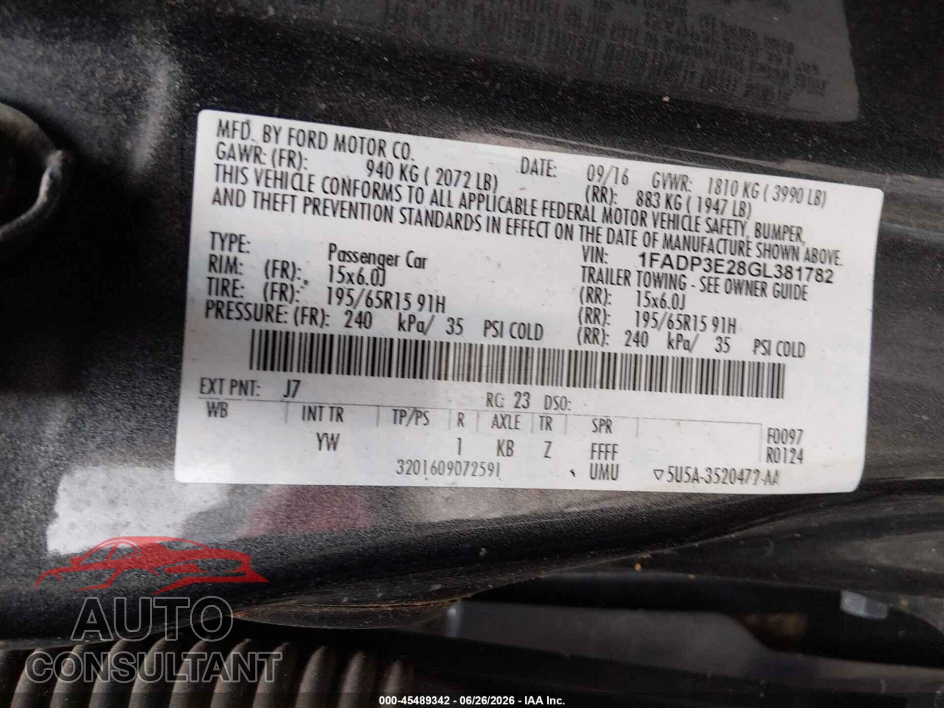 FORD FOCUS 2016 - 1FADP3E28GL381782