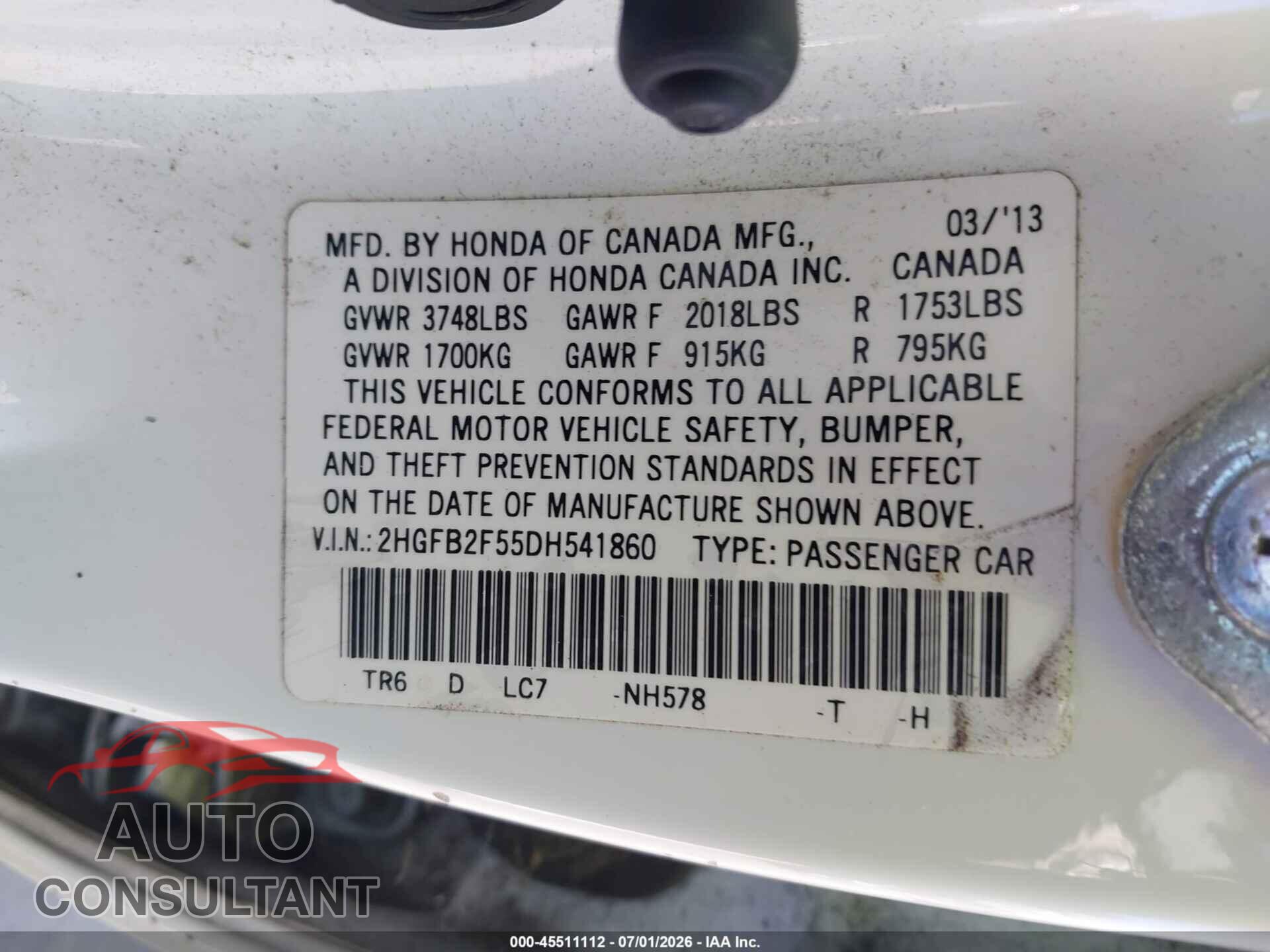 HONDA CIVIC 2013 - 2HGFB2F55DH541860