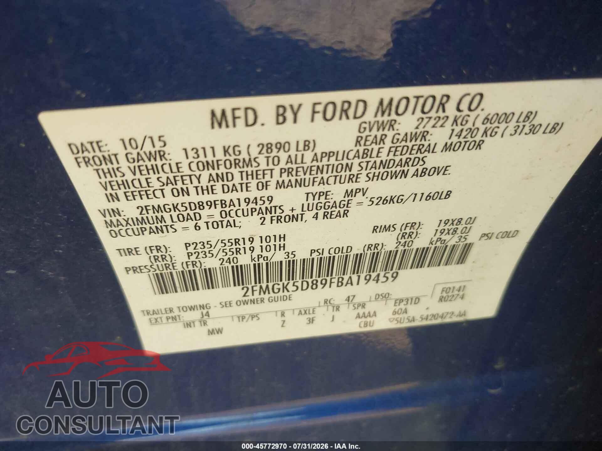 FORD FLEX 2015 - 2FMGK5D89FBA19459