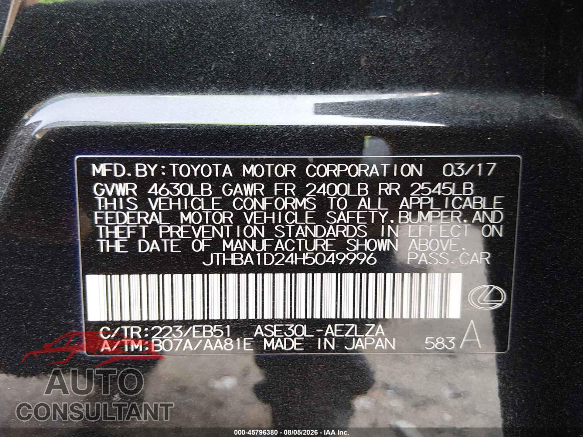 LEXUS IS 200T 2017 - JTHBA1D24H5049996